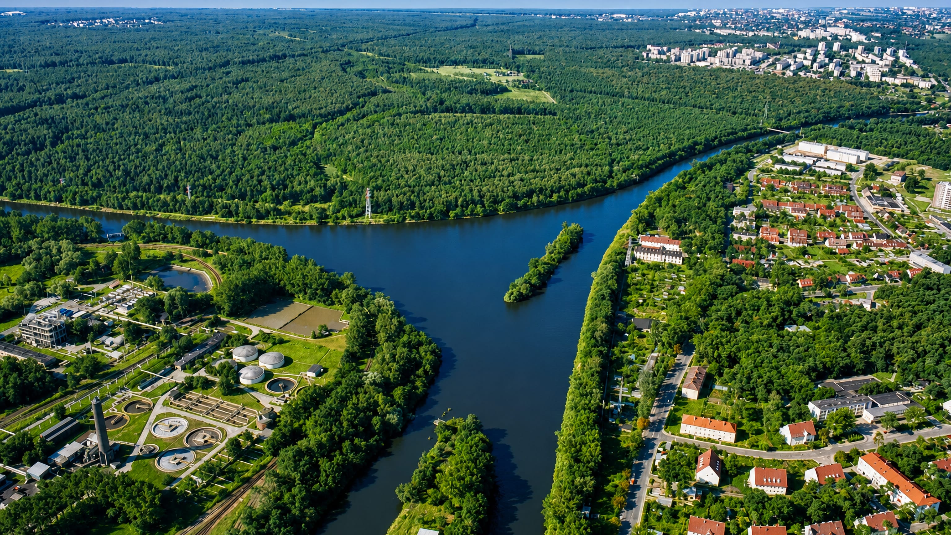 Aerial view of Kędzierzyn-Koźle, Poland, where the Oder meets forest, housing estates and riverside industry.