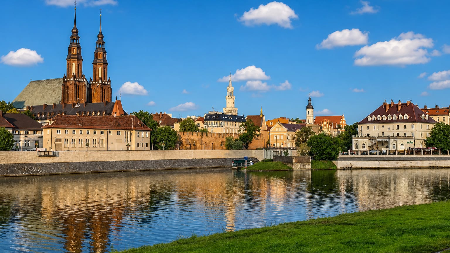 Opole waterfront across the Oder, with the cathedral's twin brick spires and town hall tower reflected in the river.