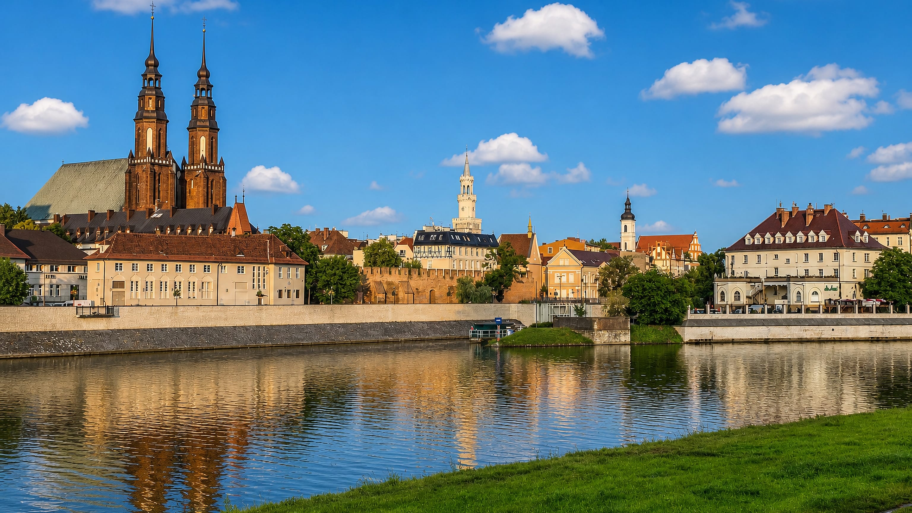 Opole waterfront across the Oder, with the cathedral's twin brick spires and town hall tower reflected in the river.