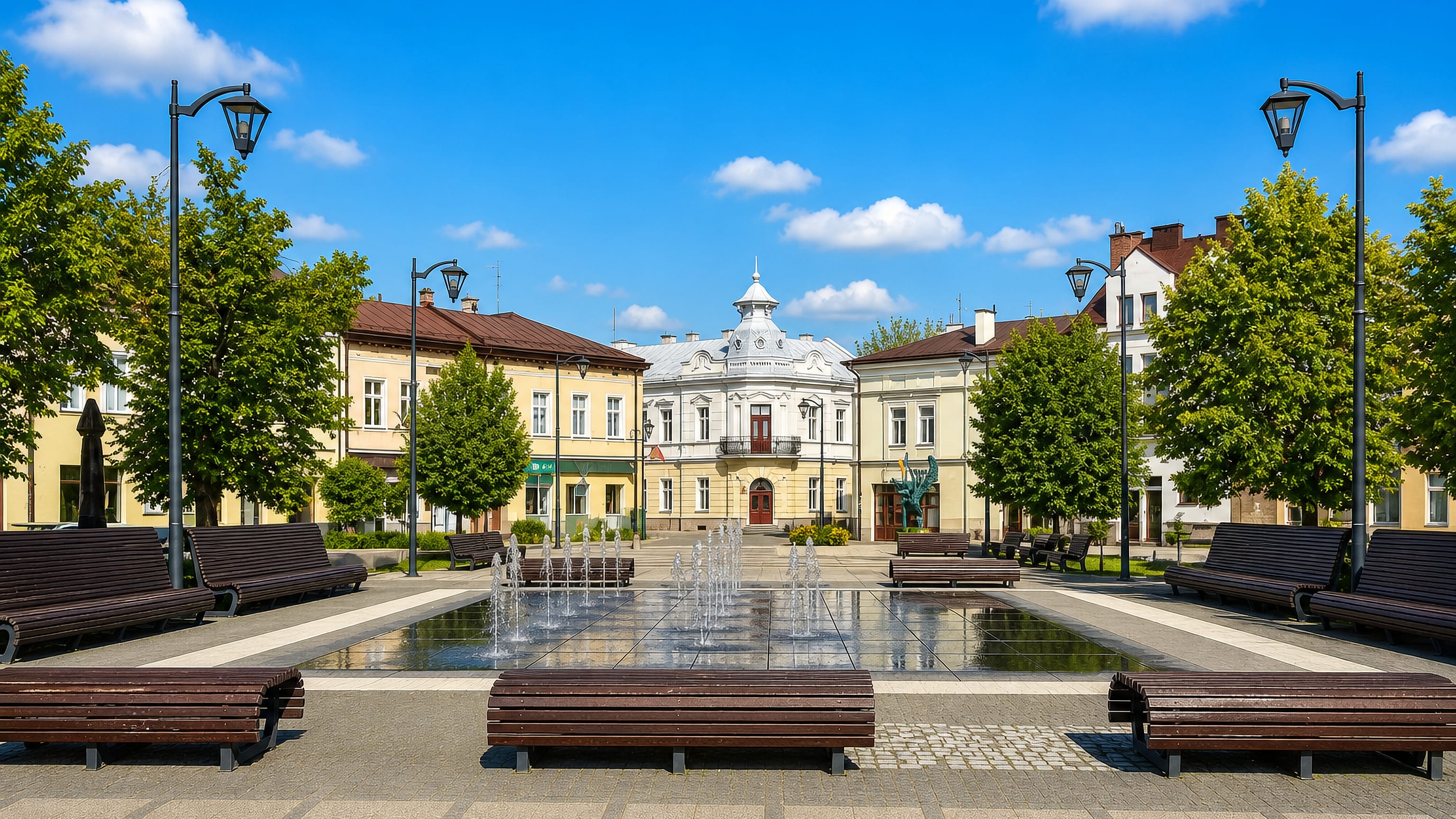 Fountain, benches and the white town hall on the main square of Mielec, Poland, under a blue sky.