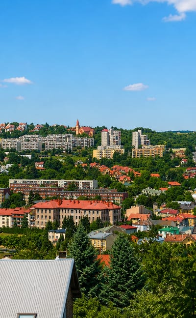 Hilltop townscape of Przemyśl with red-roofed houses, a church spire and an old brick tower above wooded slopes.