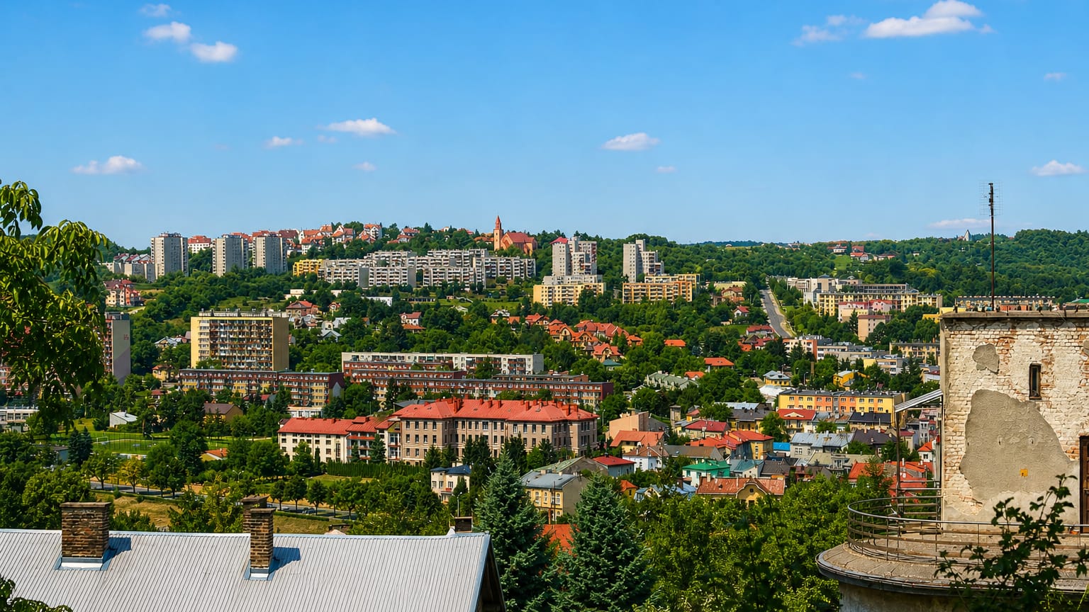 Hilltop townscape of Przemyśl with red-roofed houses, a church spire and an old brick tower above wooded slopes.
