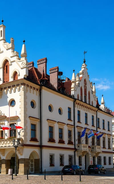 Rzeszow's ornate Renaissance town hall with its clock tower on the market square under a blue sky