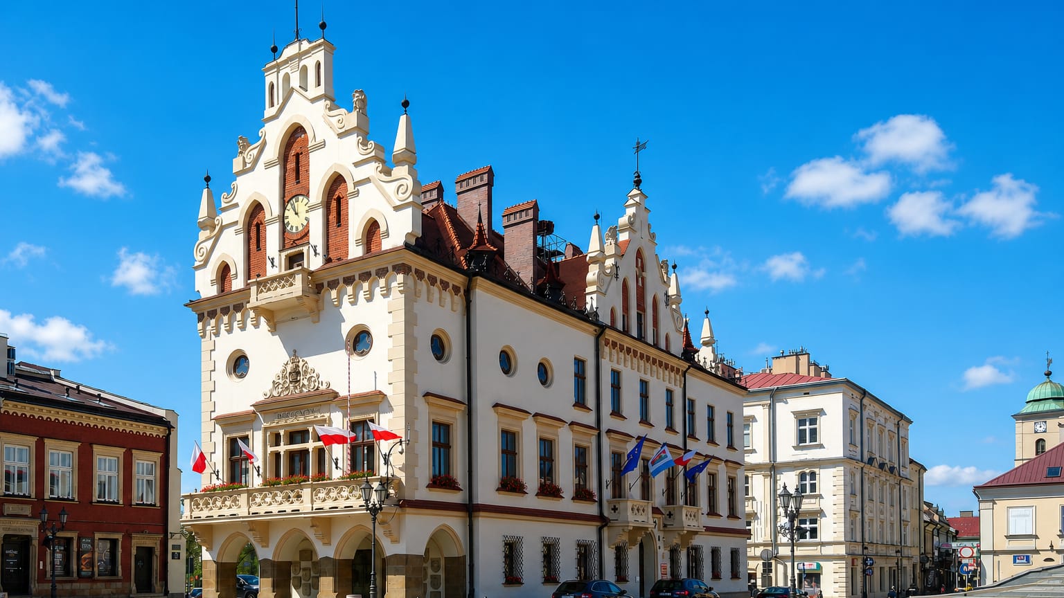 Rzeszow's ornate Renaissance town hall with its clock tower on the market square under a blue sky