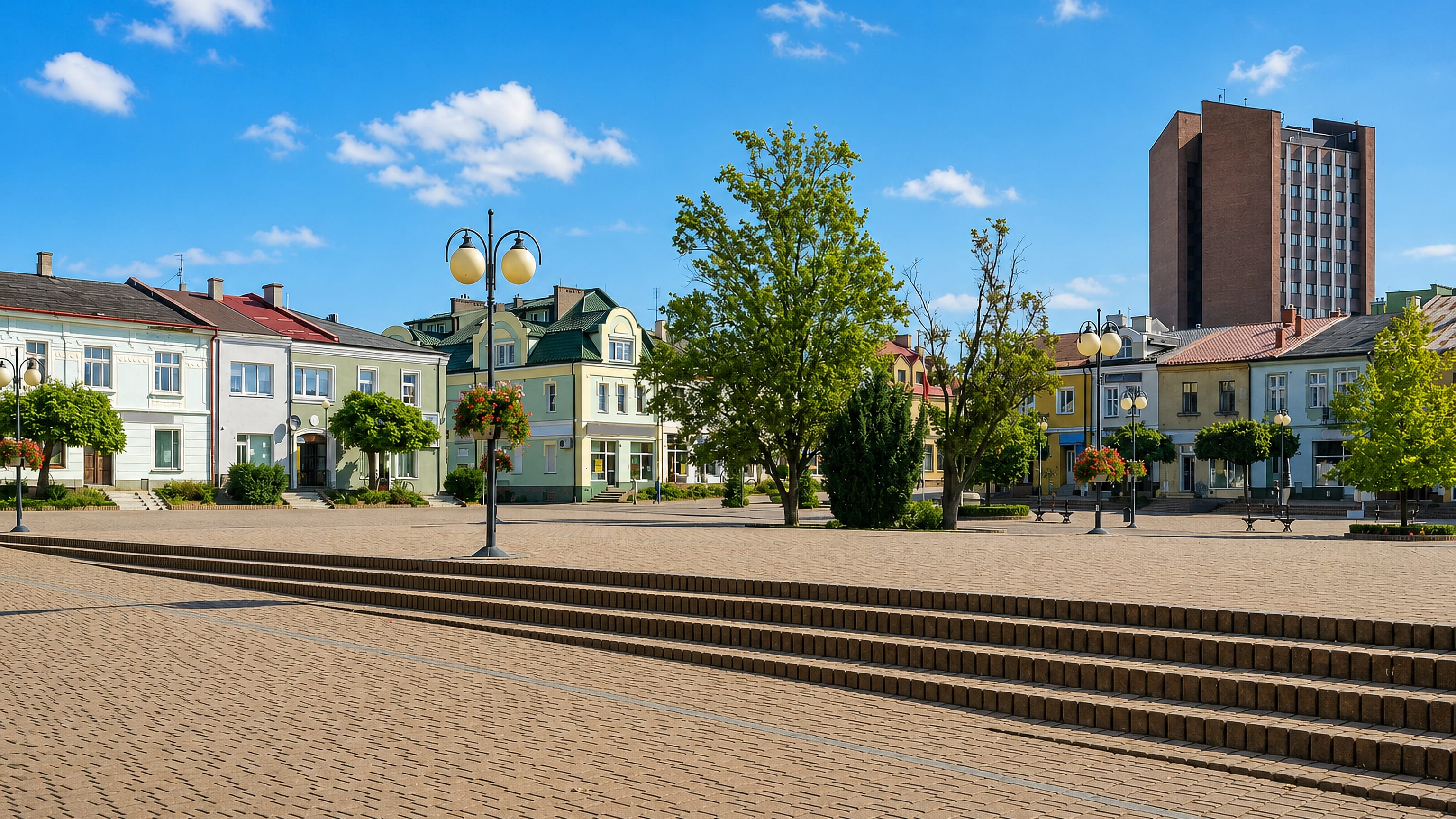 Pastel townhouses and a brick tower block around the cobbled market square in Tarnobrzeg, Poland.
