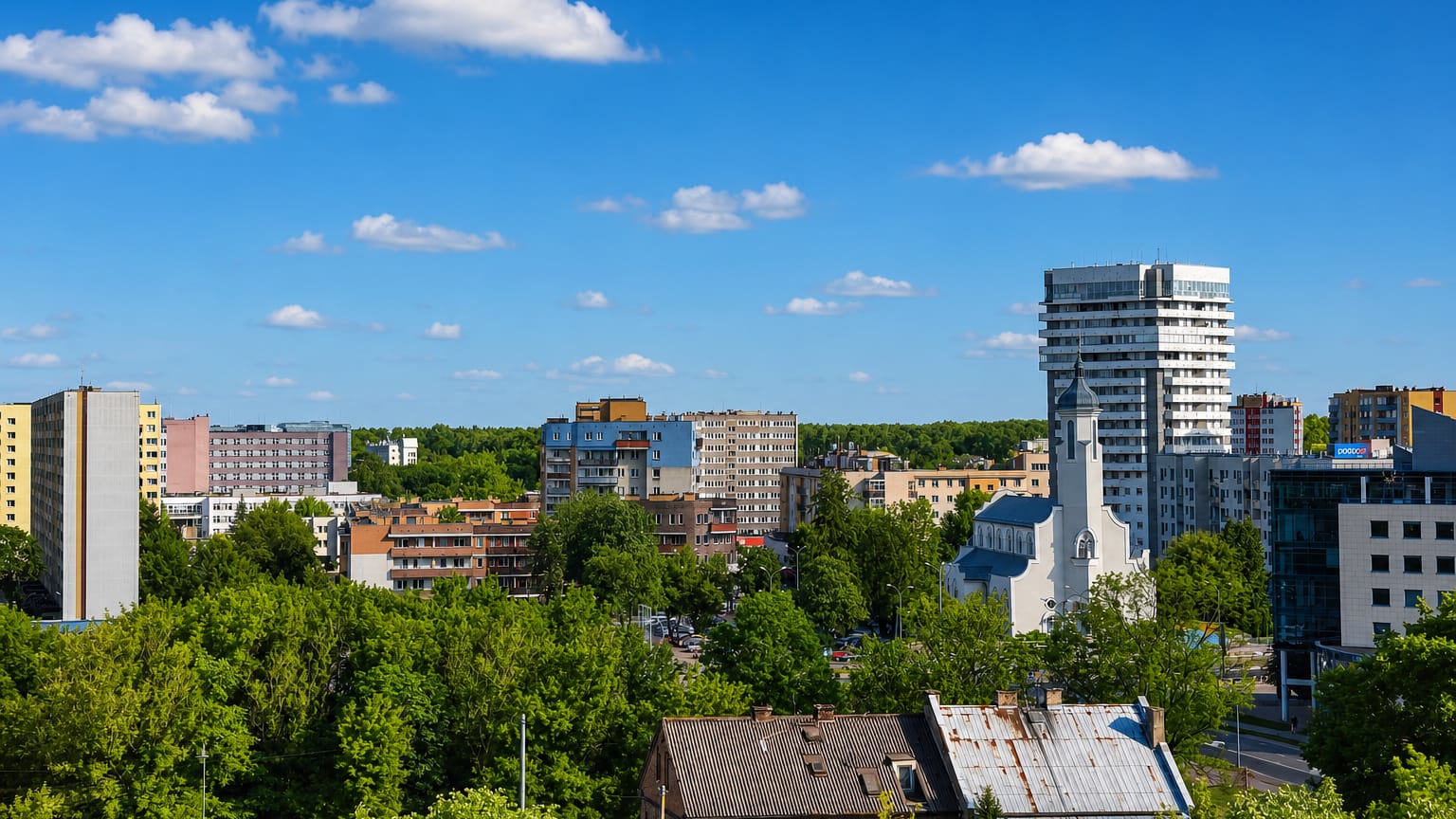 Bialystok skyline with a white church spire, apartment towers and an old timber house among trees.