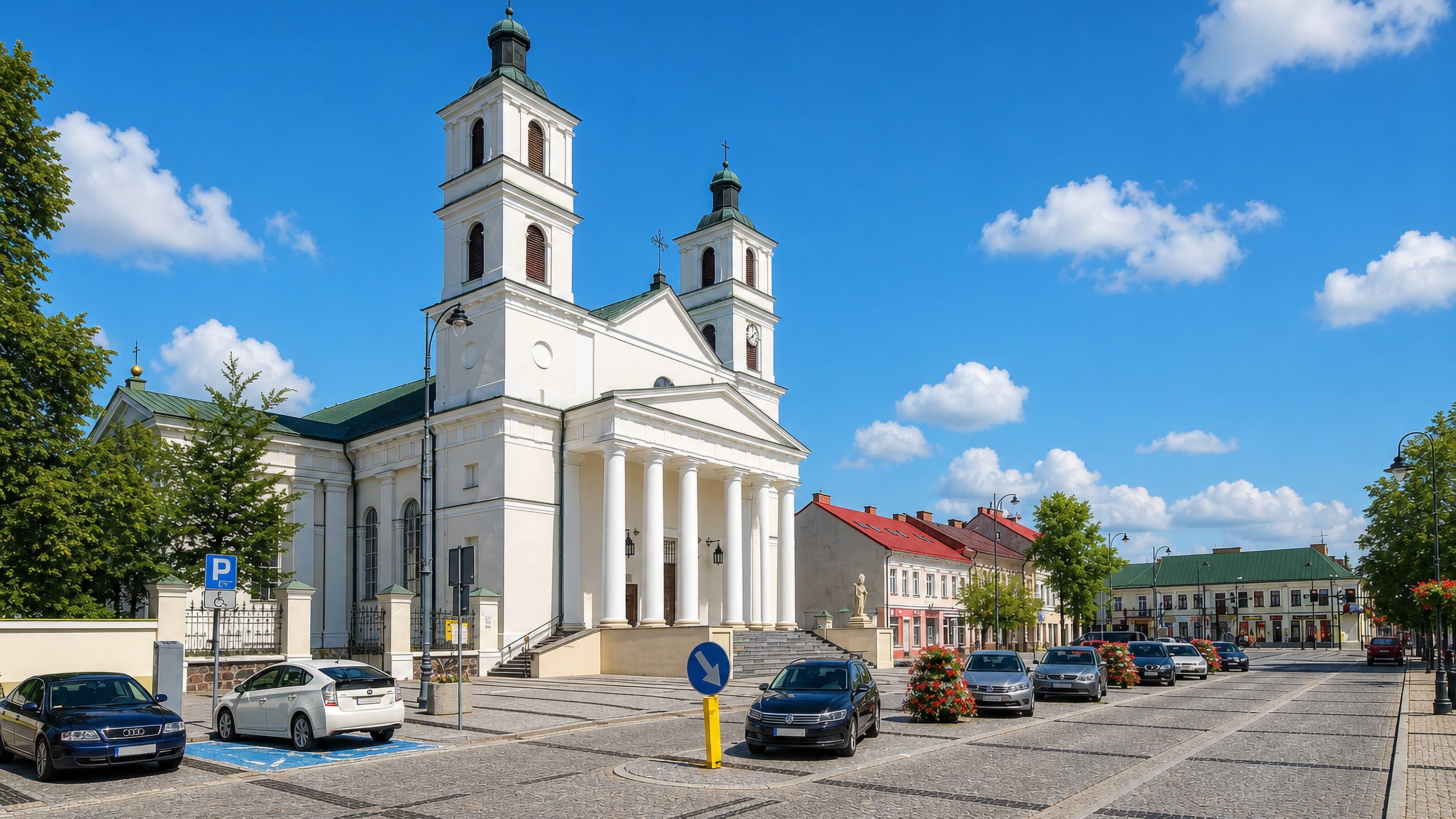 Suwałki's white twin-towered Co-Cathedral of St Alexander rising over the paved main square on a clear summer day.
