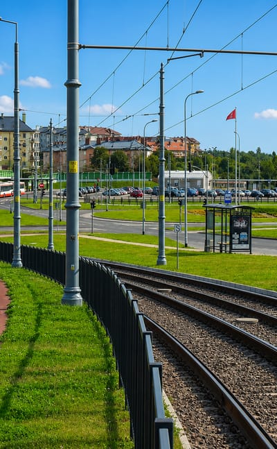 Modern tram line and cycle path beside apartment blocks in the Orunia Górna district of southern Gdańsk.