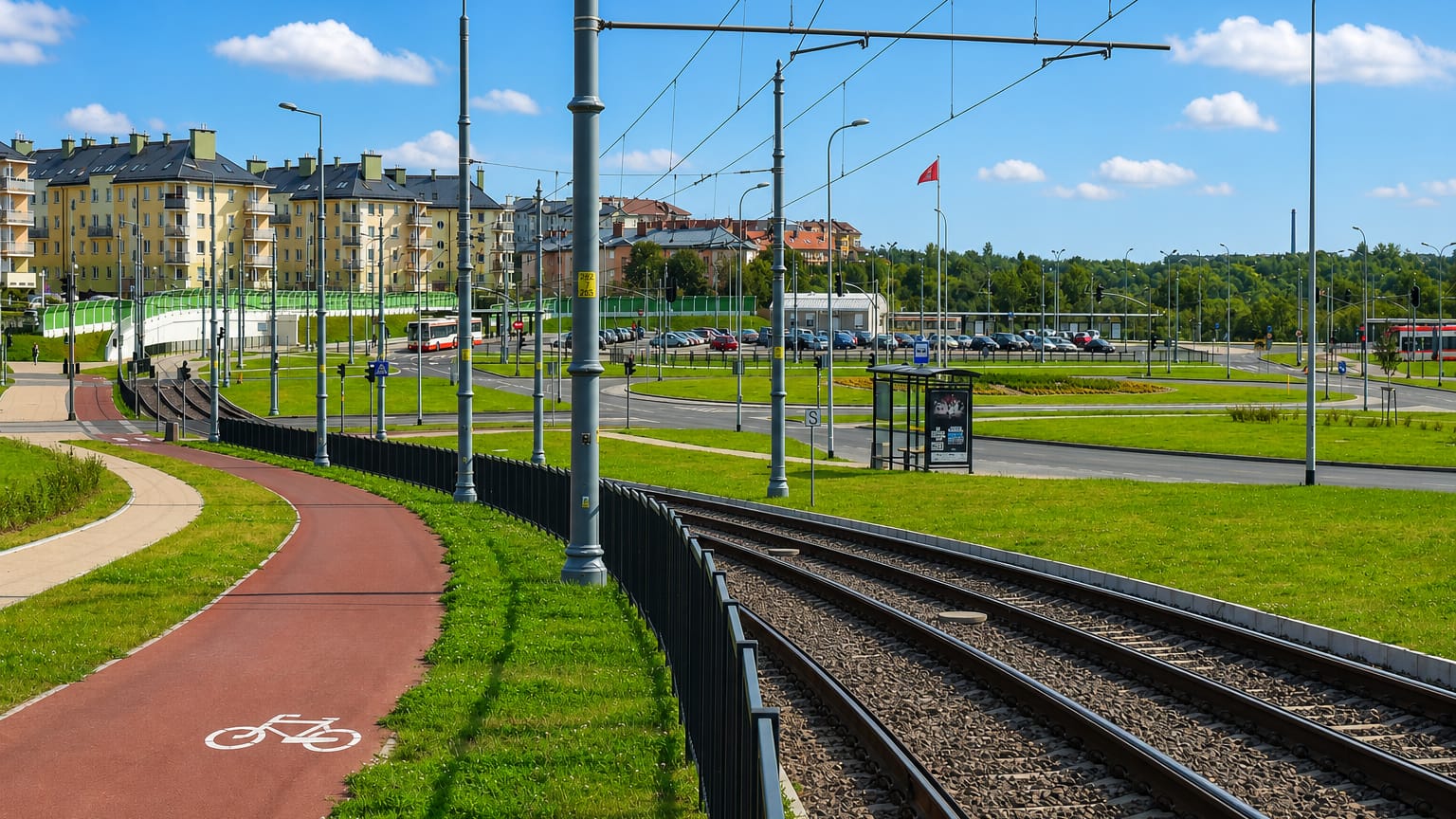 Modern tram line and cycle path beside apartment blocks in the Orunia Górna district of southern Gdańsk.
