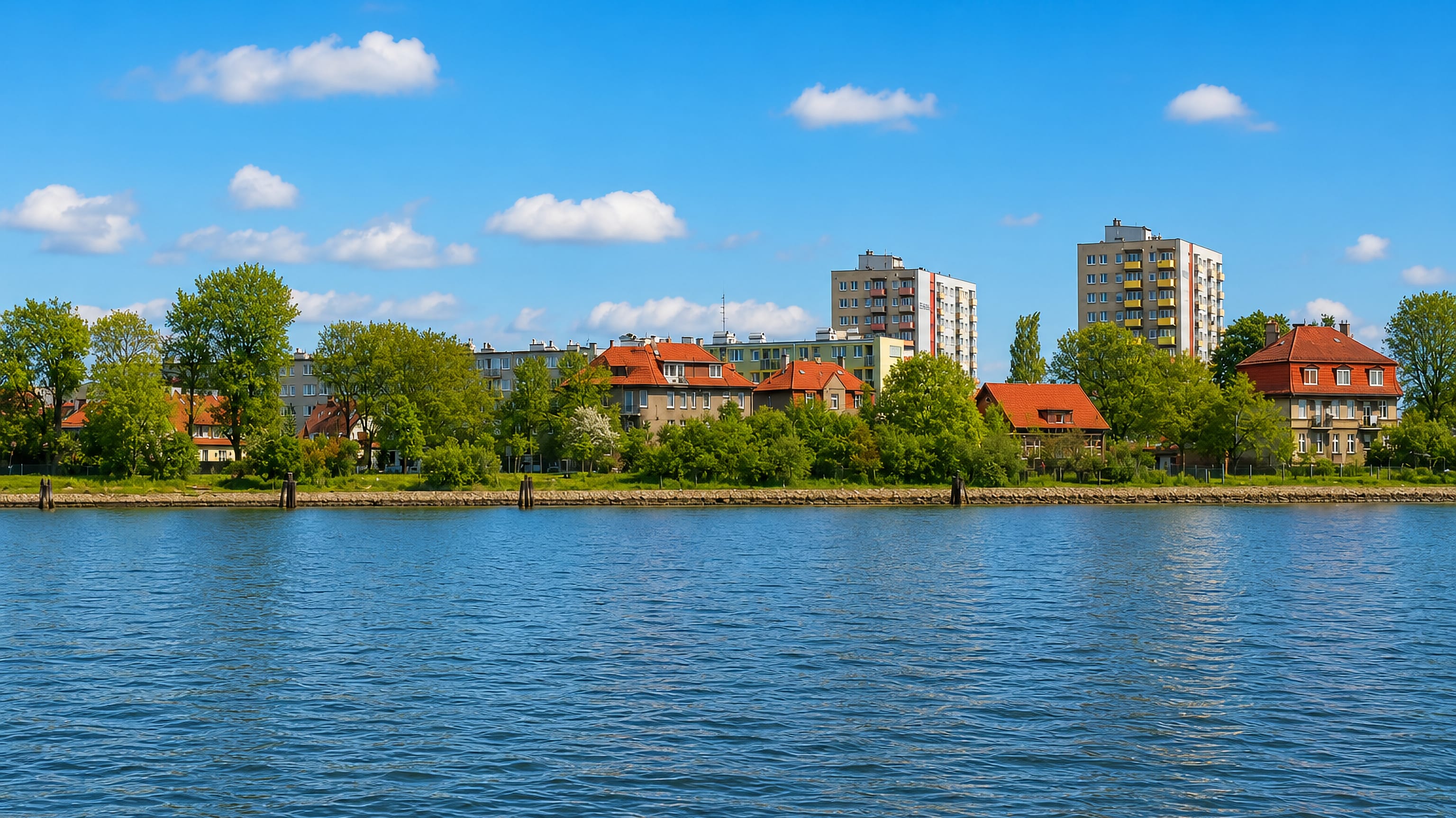 Waterfront row of apartment blocks and brick villas along the Martwa Wisła in Przeróbka, Gdańsk.