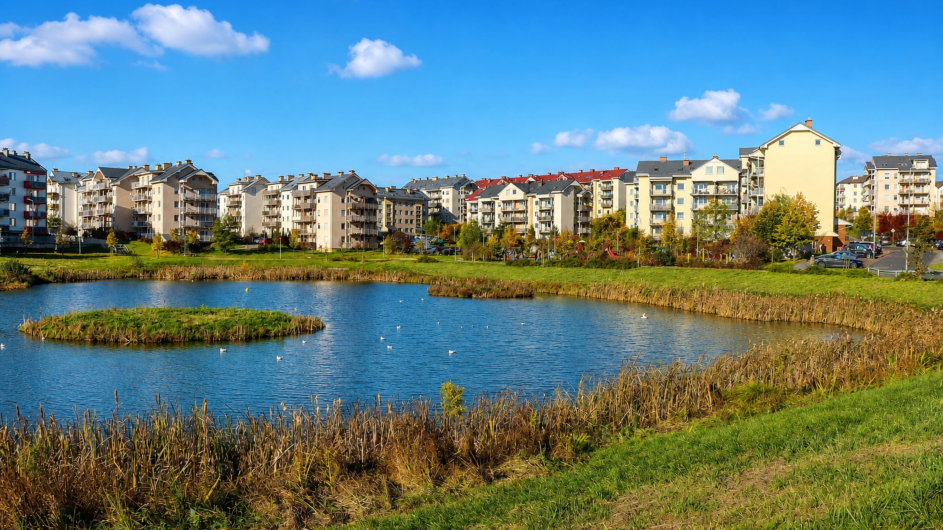 Modern apartment blocks of Ujeścisko in Gdańsk rising behind a reed-fringed retention pond on a sunny day.