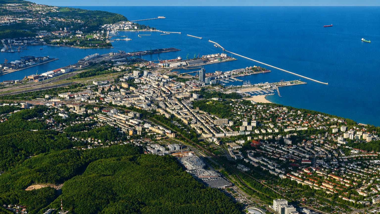 Aerial view of Gdynia's Baltic port, marina and downtown along the coast with forested hills and ships at sea.