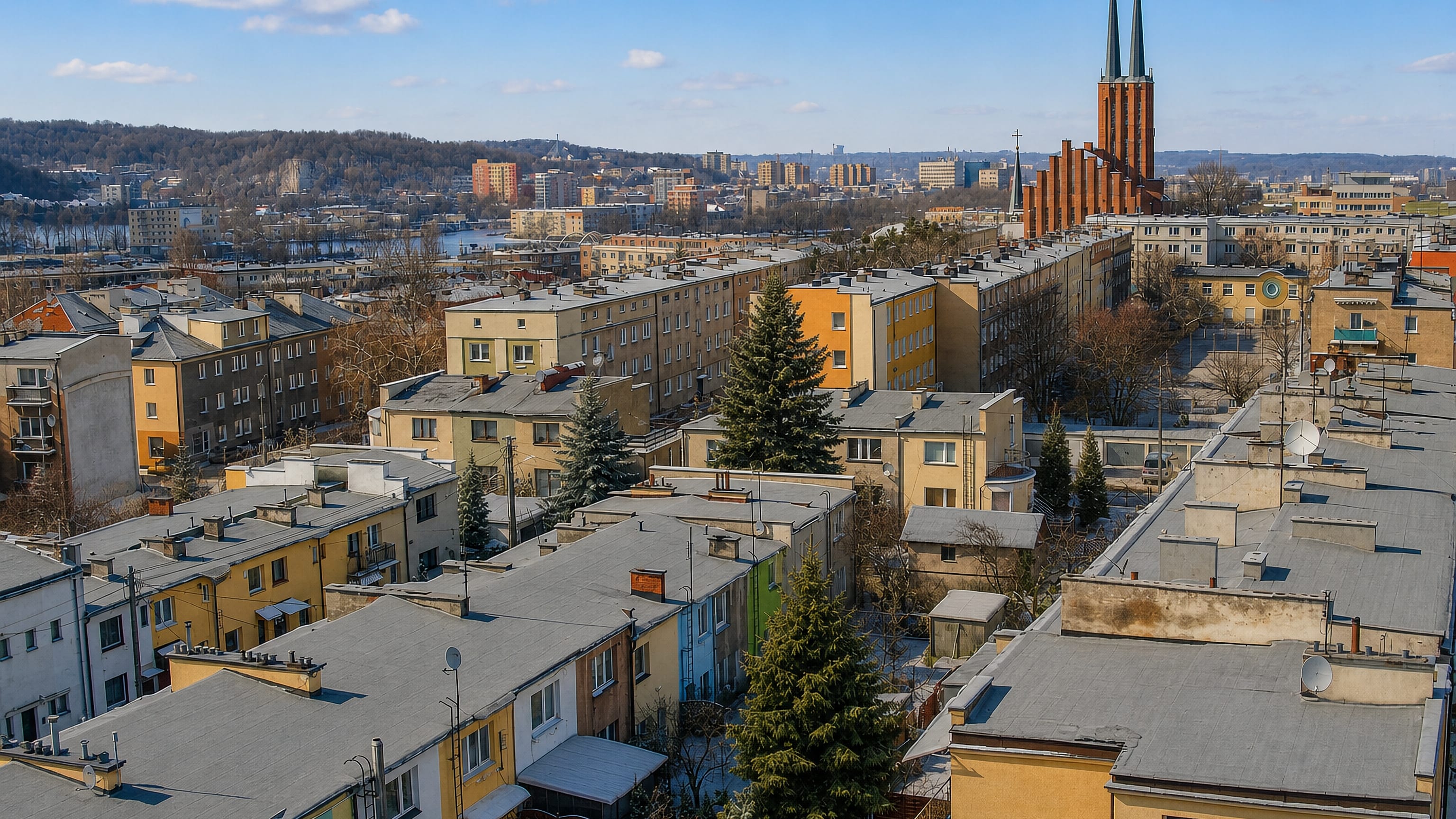 Rooftops of Wzgórze św. Maksymiliana in Gdynia, with a red-brick twin-spired church and the bay beyond.