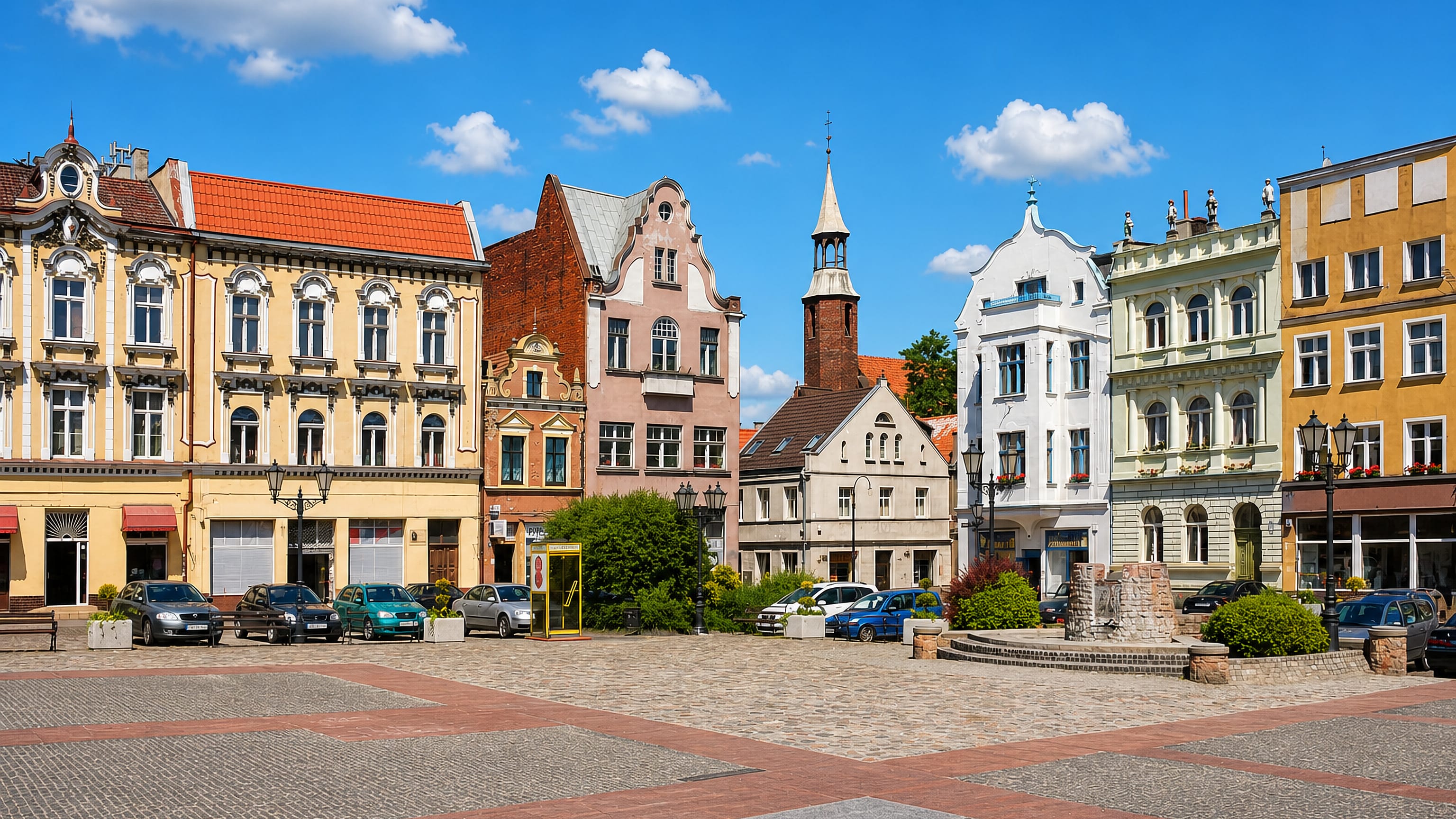 Gabled townhouses and a brick church tower around Tczew's cobbled market square in Pomerania