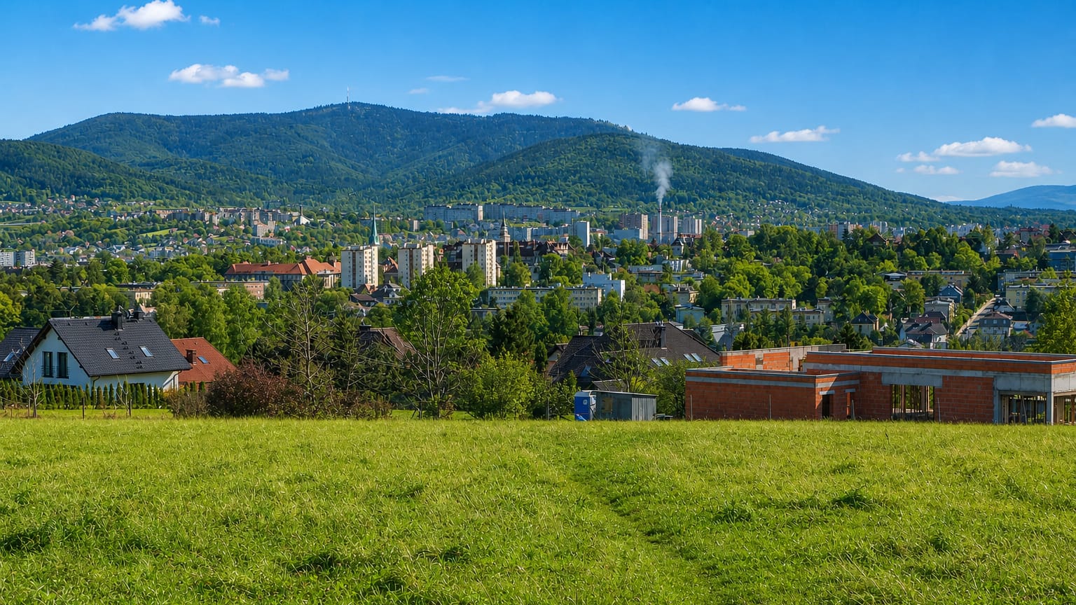 Bielsko-Biala, Poland, nestled below the forested Beskid mountains, seen across a green meadow