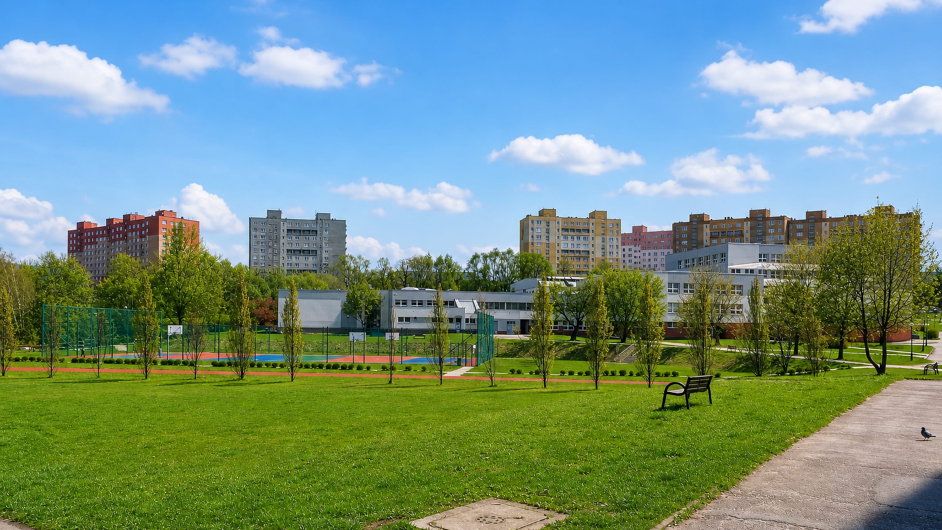 Karpackie housing estate in Bielsko-Biala, its apartment blocks and school set behind a green park.