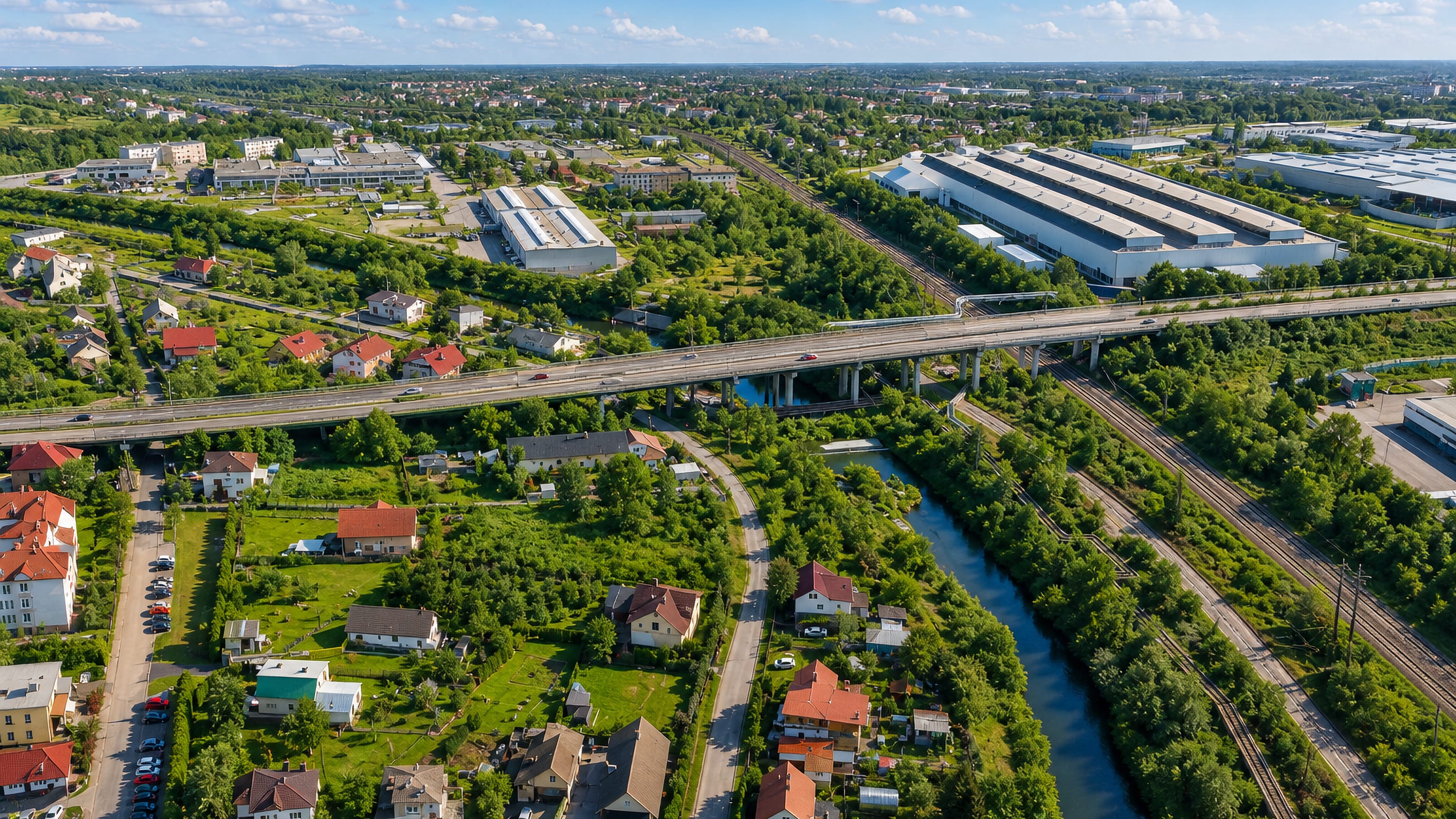 Aerial view of Komorowice Krakowskie, Bielsko-Biała, with an expressway viaduct, rail lines and houses.