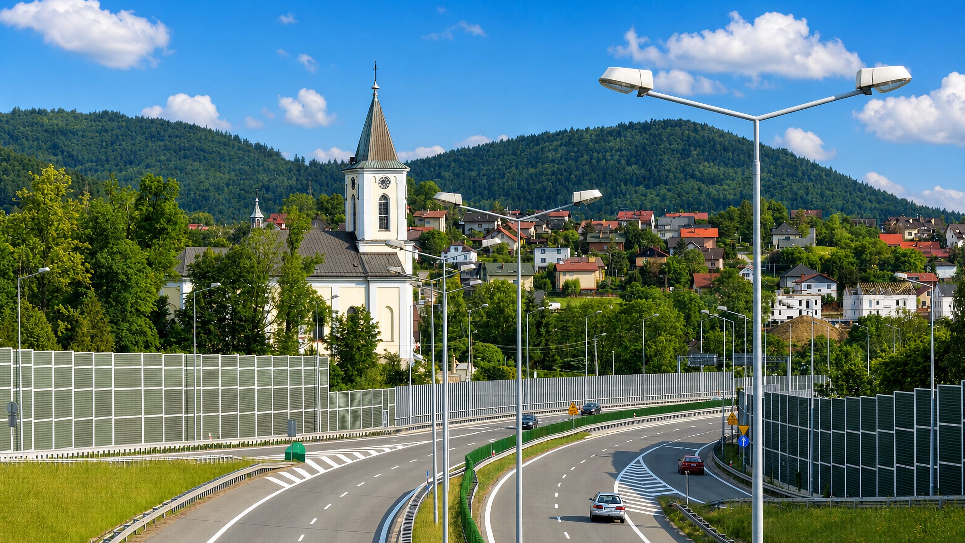 Expressway curving past Lipnik's church and the Beskid foothills in Bielsko-Biała, Poland.
