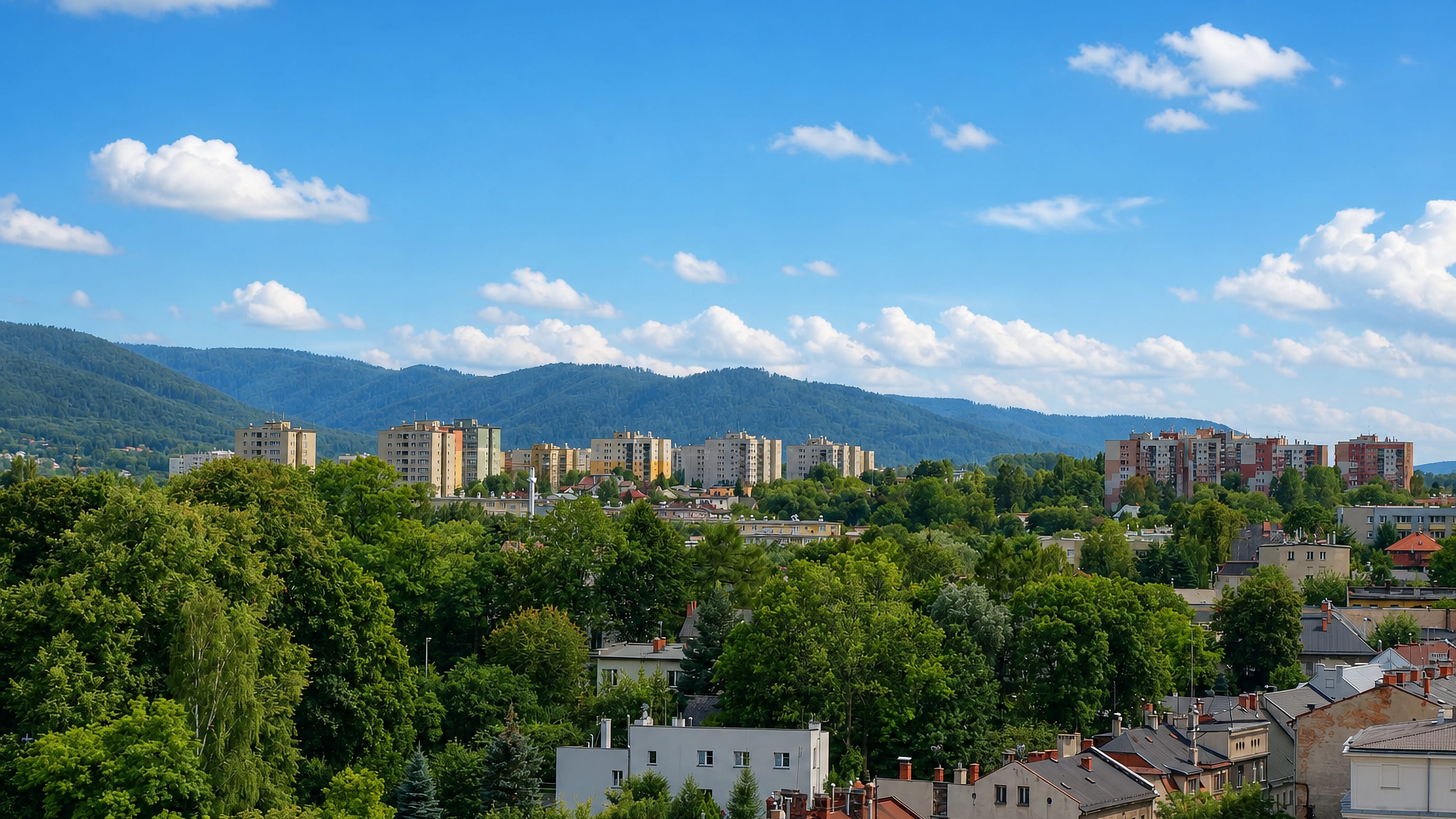 Słoneczne in Bielsko-Biała, where housing blocks and older rooftops sit below the wooded Beskid foothills.