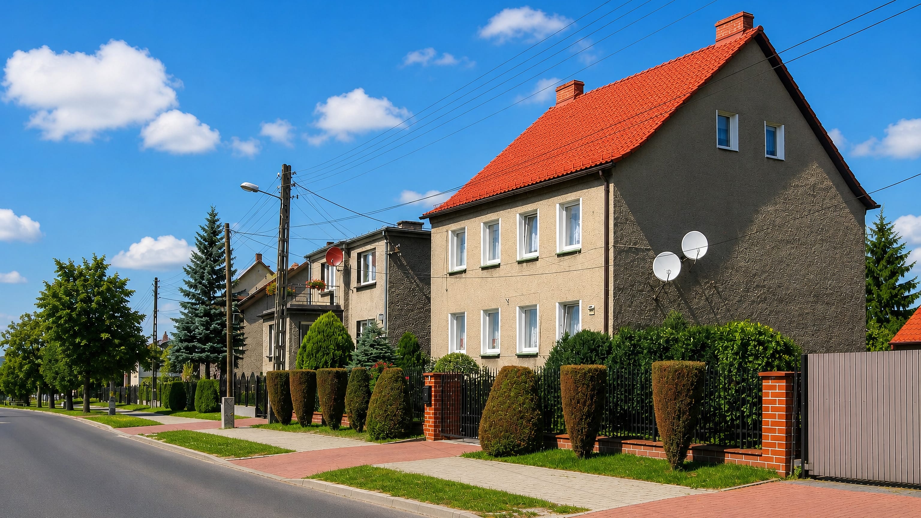 Tiled-roof houses behind clipped hedges on a quiet street in Stolarzowice, Bytom.