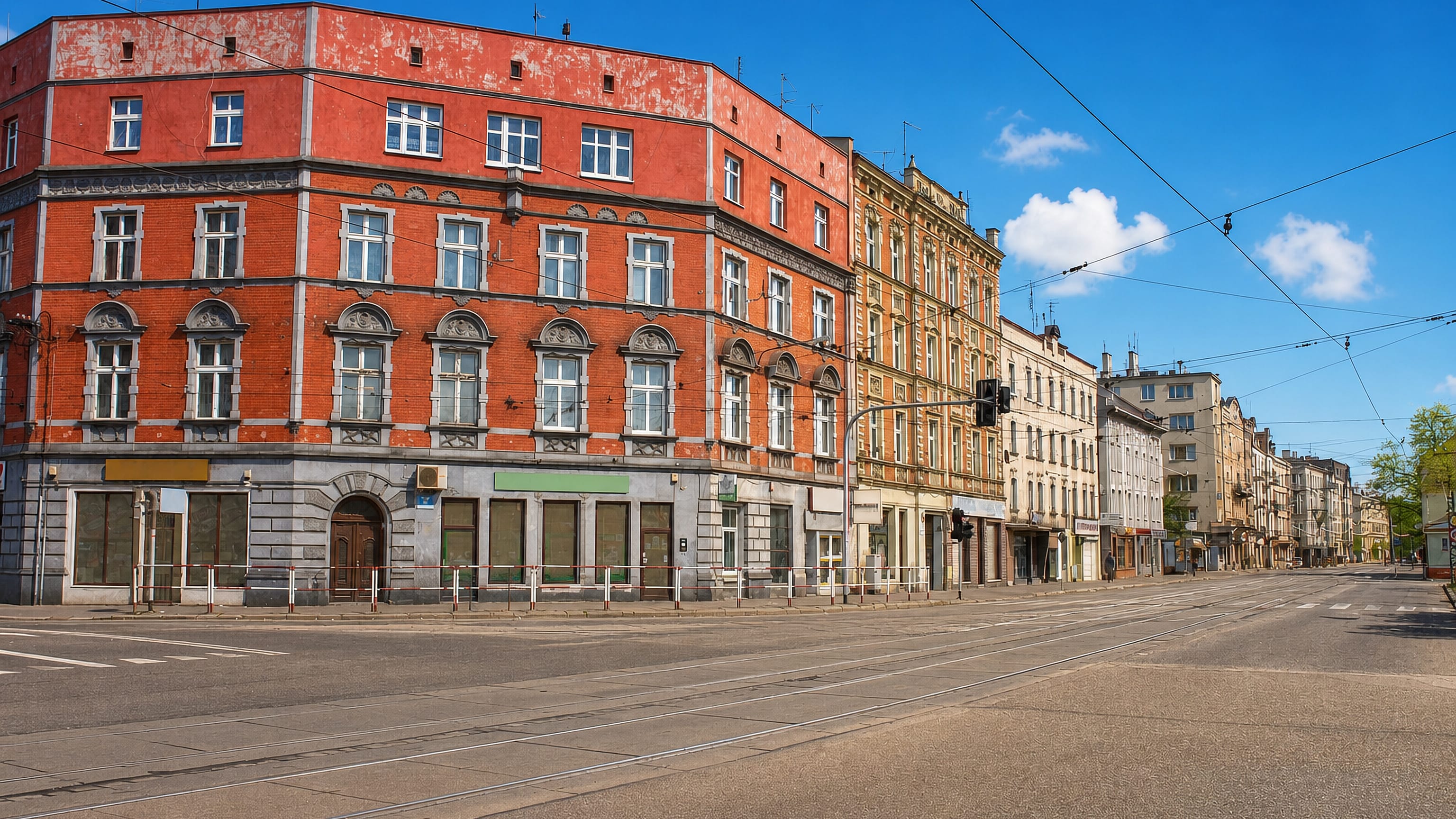 Tram tracks and ornate tenement facades along a wide street in Hajduki Wielkie, Chorzow.
