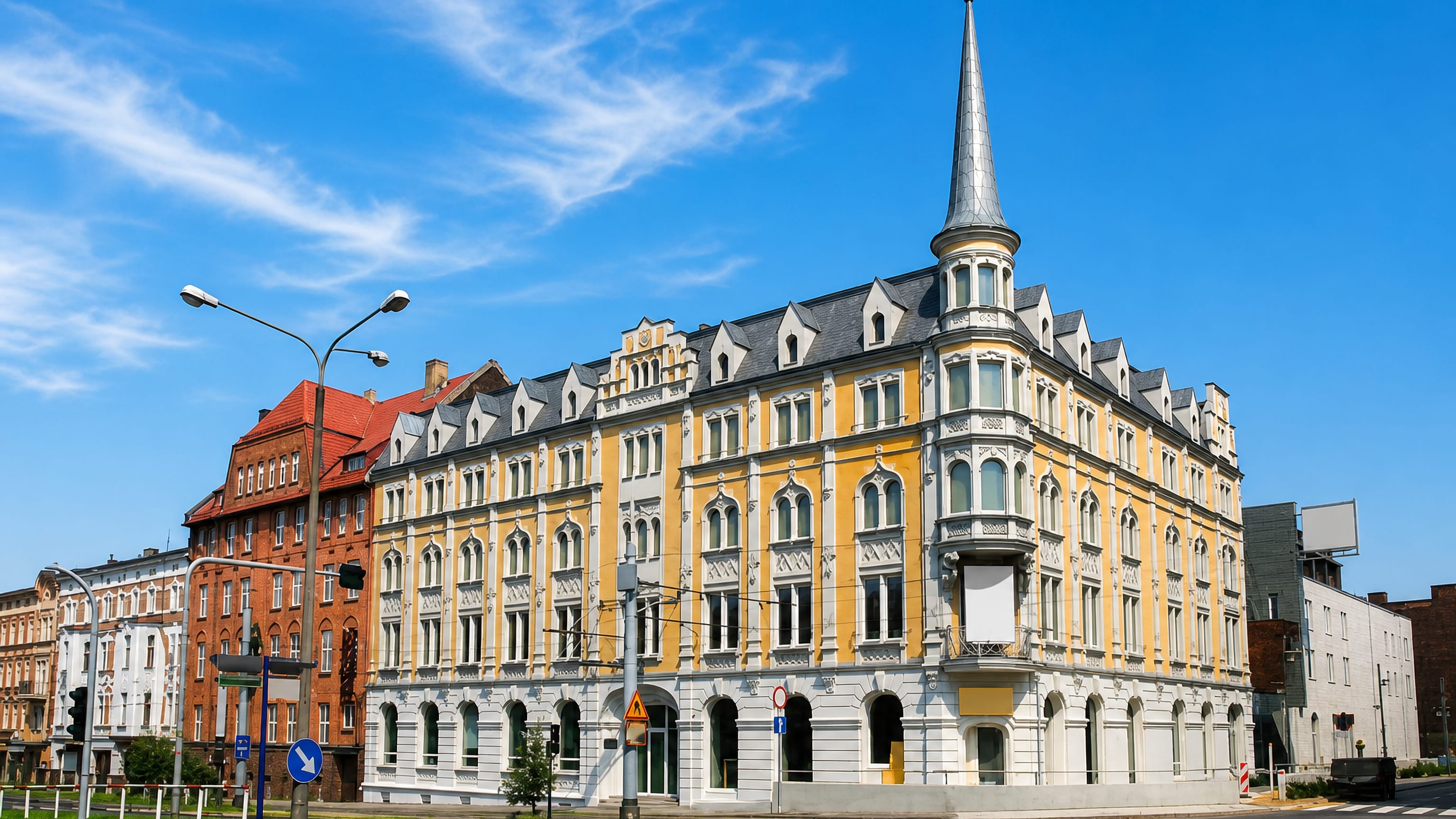 Ornate yellow corner tenement with a slender spire at a wide street crossing in Chorzow, Upper Silesia