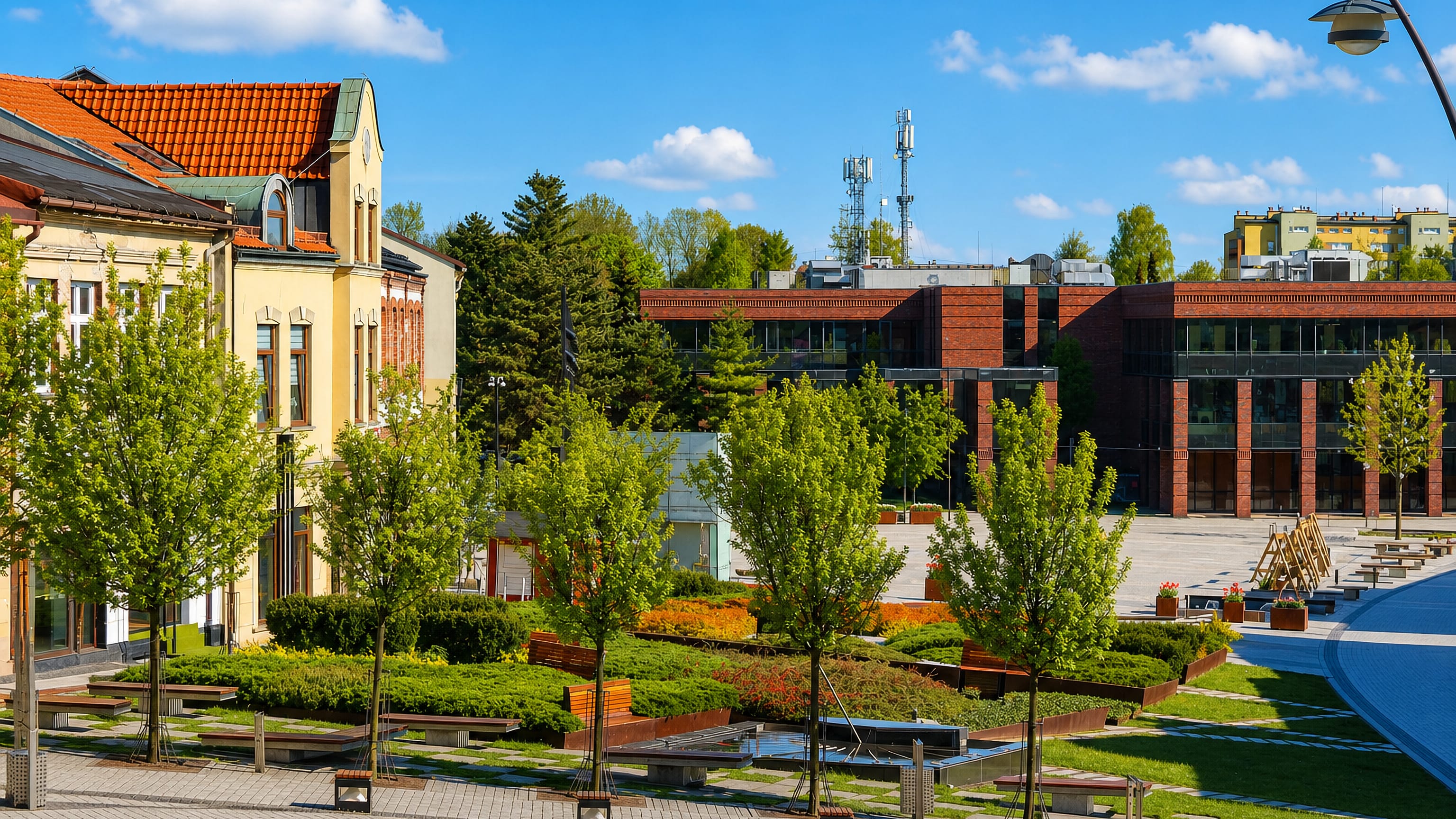 Redeveloped town square in Jaworzno, Poland, with clipped hedges, benches and a red-brick civic building.
