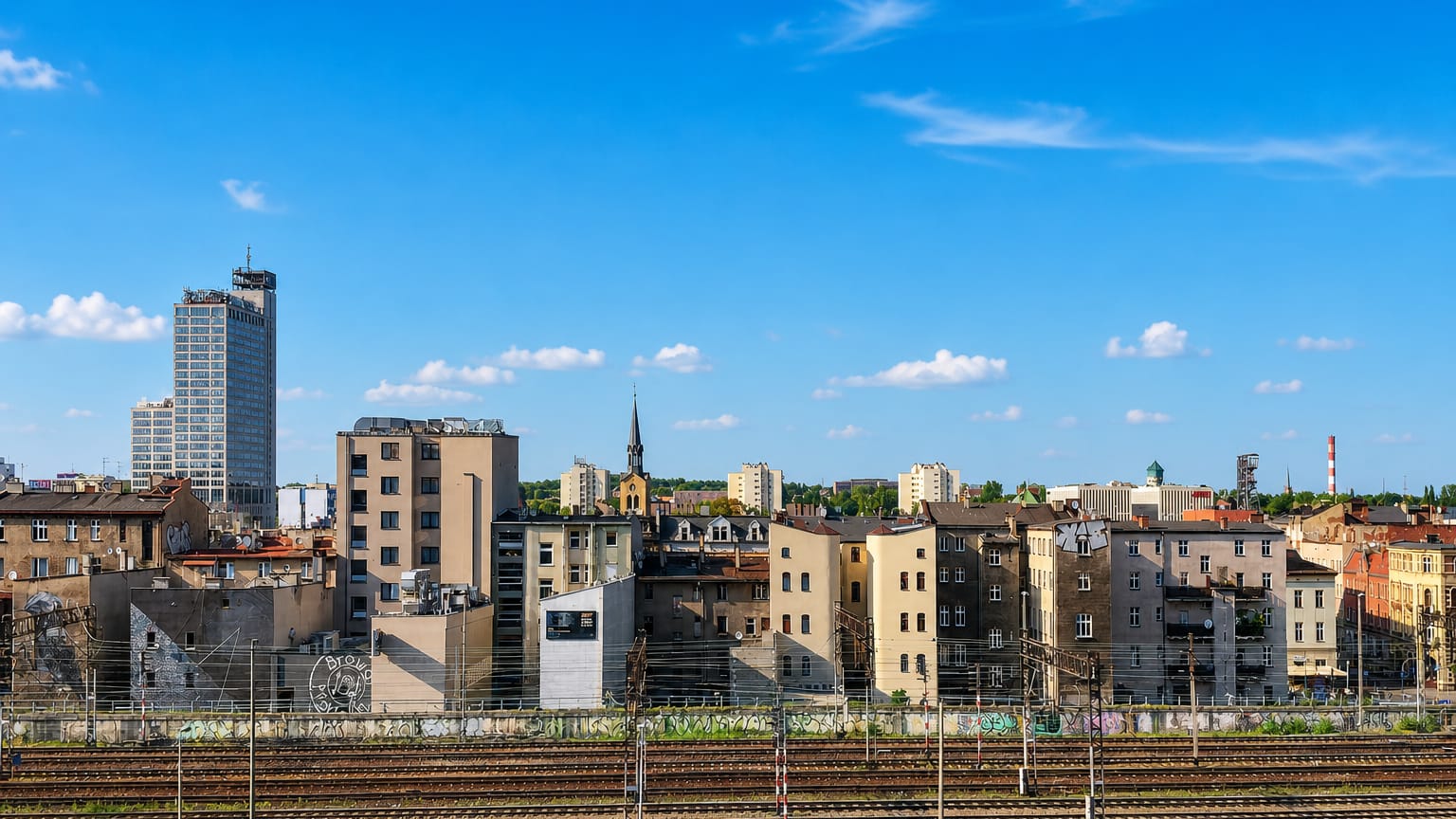 Katowice skyline in daylight above wide railway yards, with a modern tower, church spire and tenement rooftops.