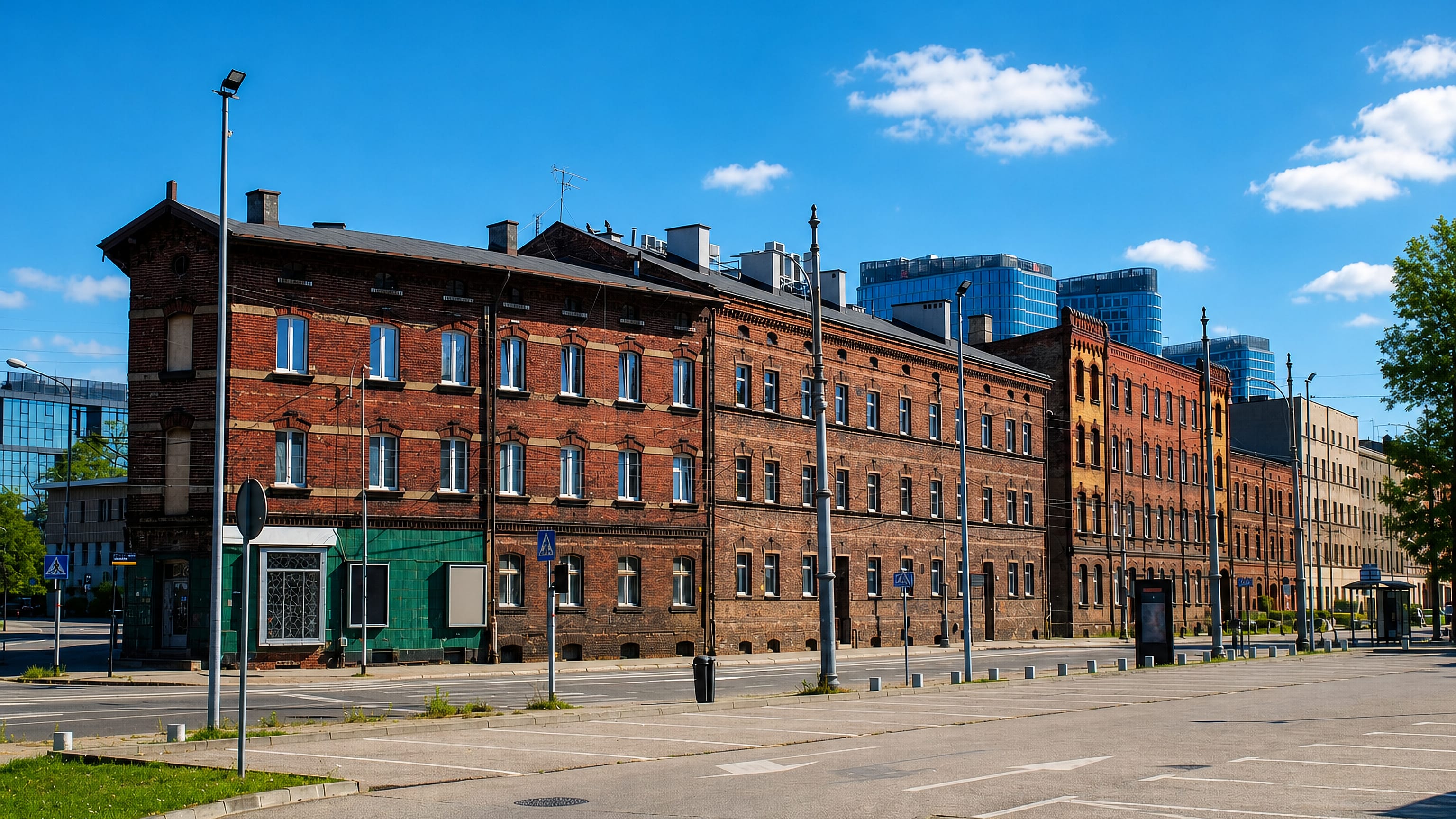 Red-brick tenement terrace in Zaleze, Katowice, with the city's glass office towers rising behind