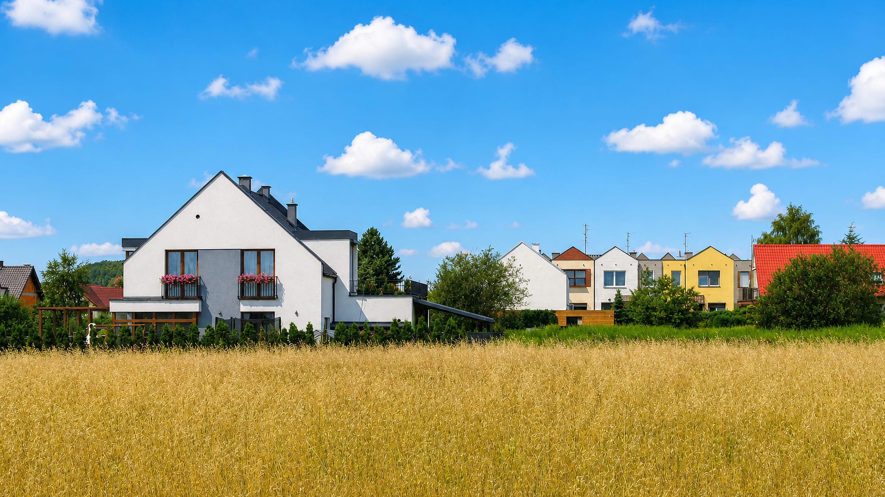 Modern detached houses above a summer meadow in Zarzecze, the semi-rural southern district of Katowice, Poland