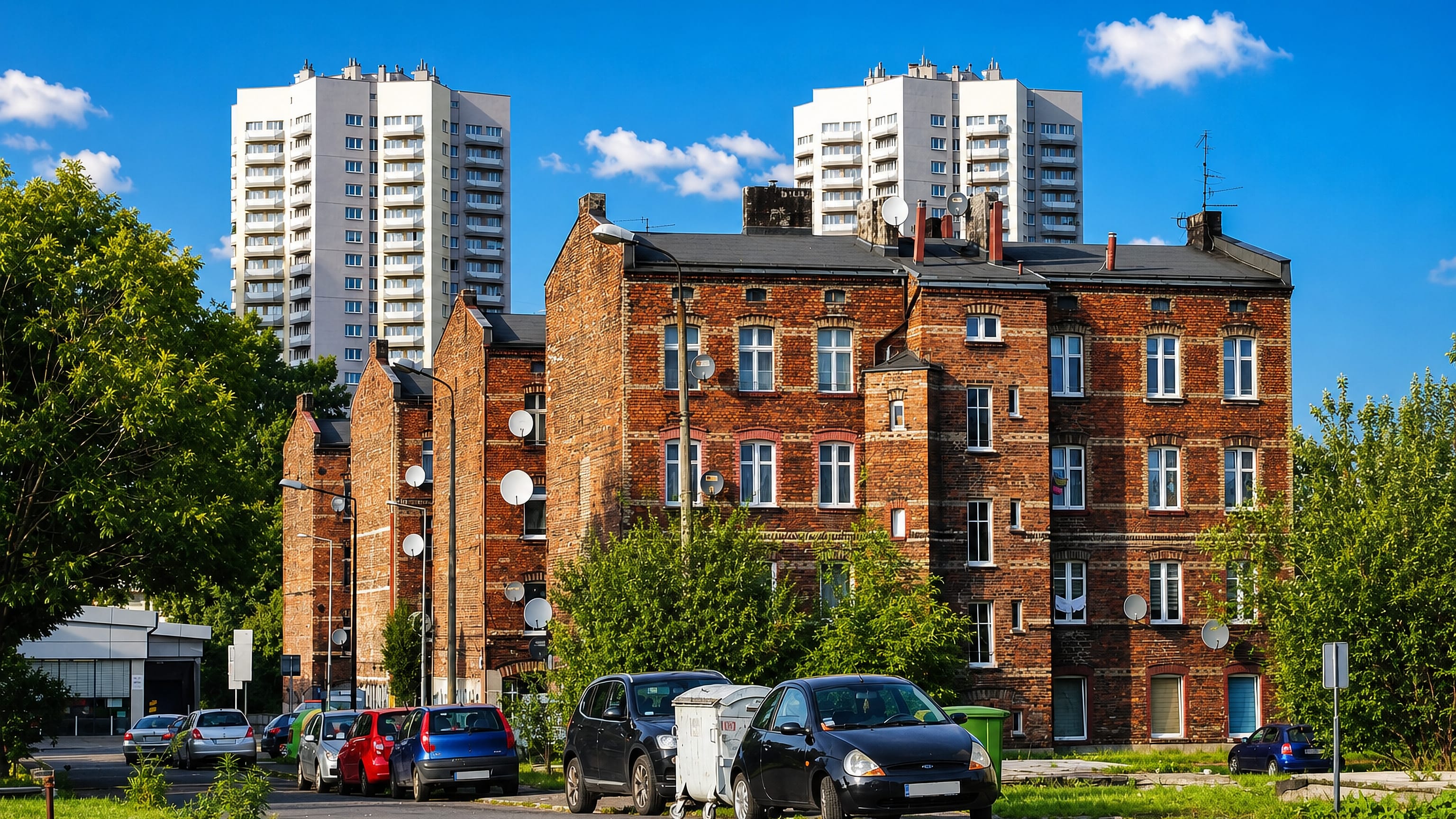 Red-brick tenements below white tower blocks on a quiet street in Zawodzie, Katowice