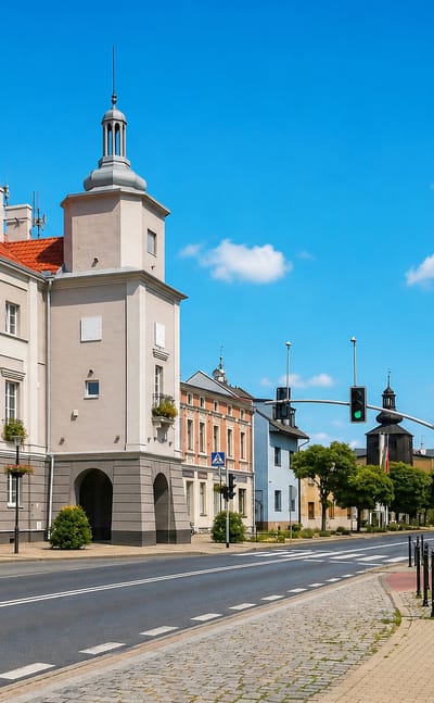 Main street of Miasteczko Śląskie with its tower-topped civic building, church spire and paved sidewalk.