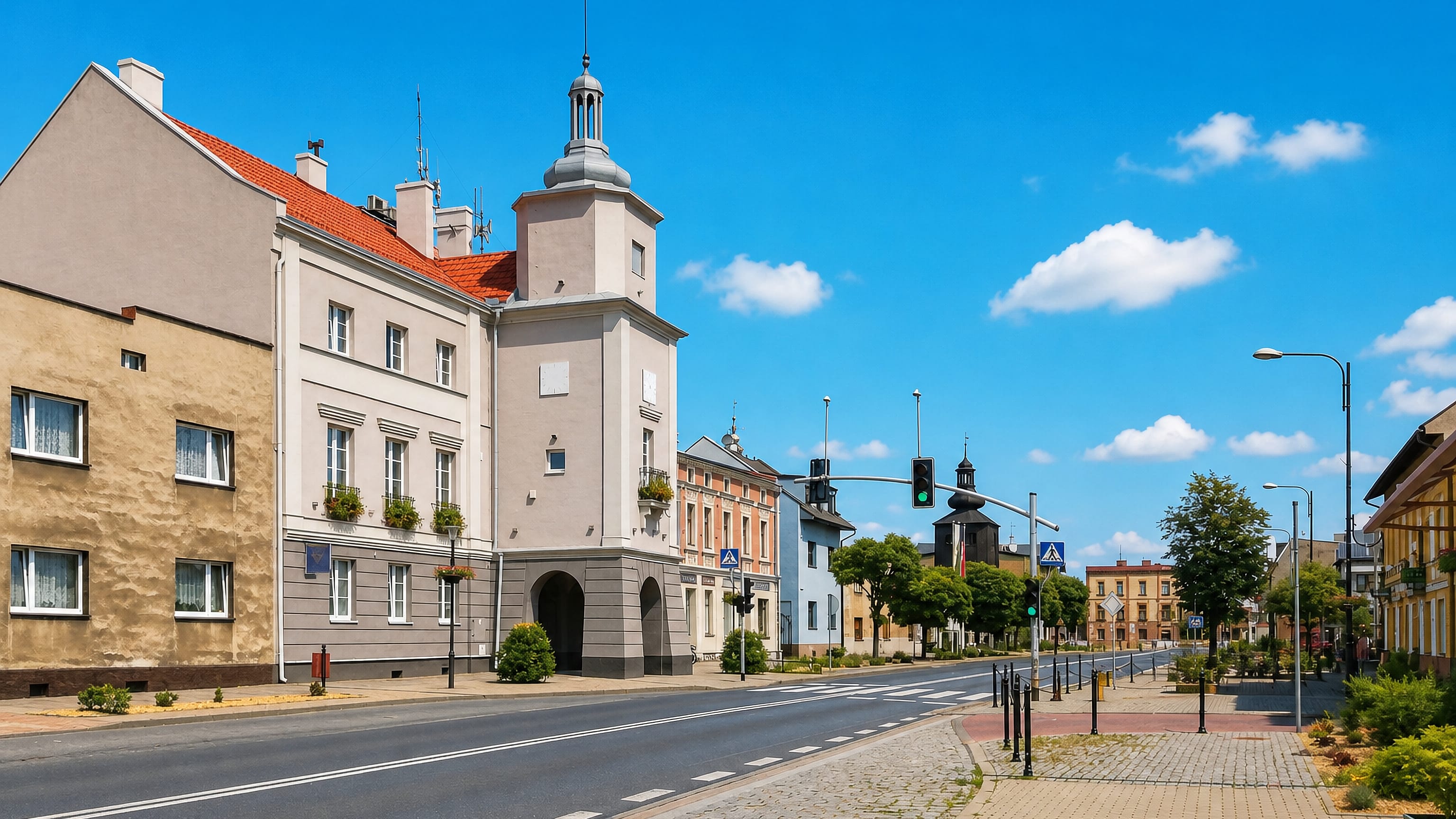 Main street of Miasteczko Śląskie with its tower-topped civic building, church spire and paved sidewalk.