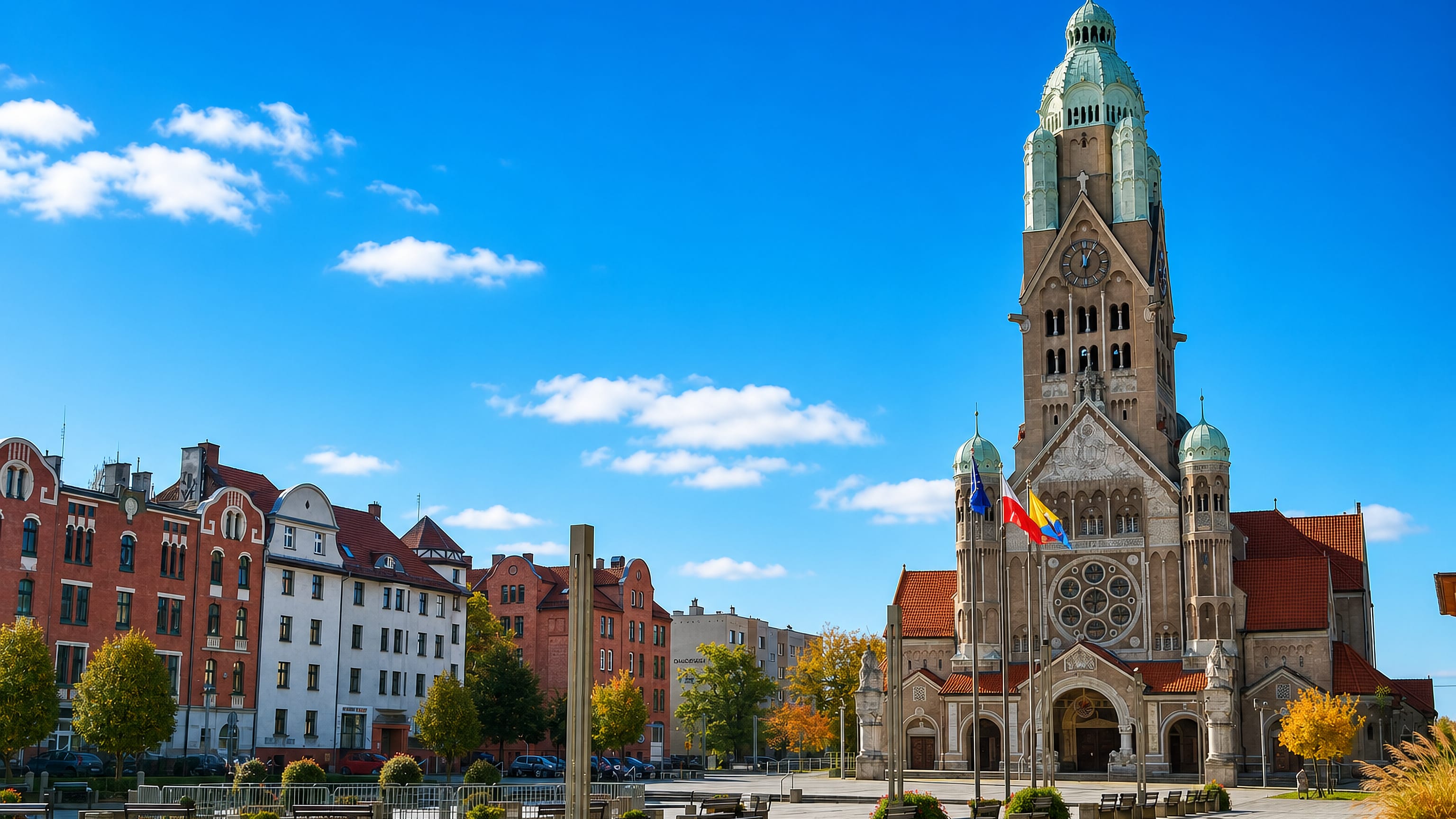 Brick church with a tall green-domed tower on the paved market square in Ruda Śląska, Poland.