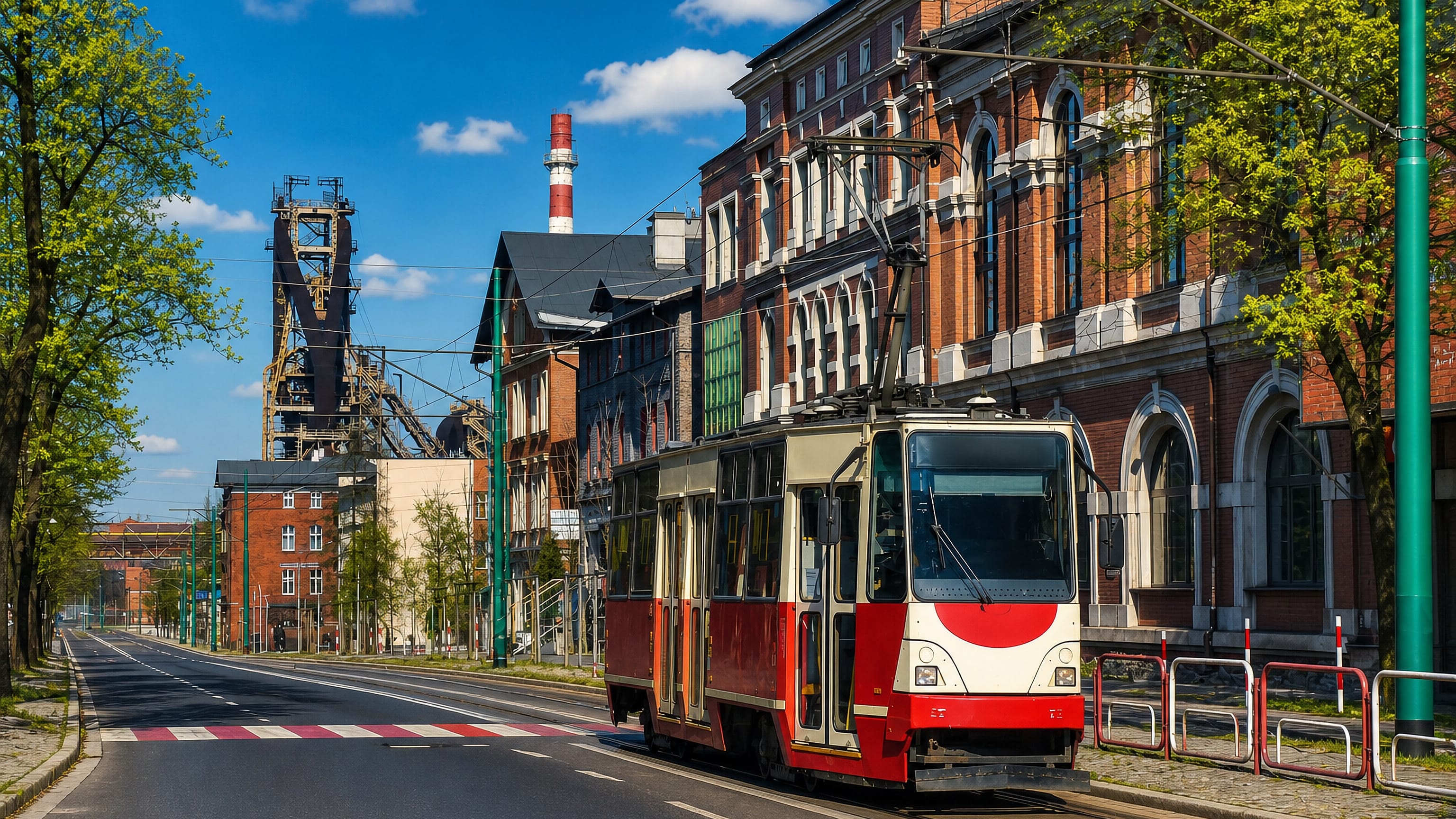 Red-and-cream tram passing brick tenements and a colliery headframe in Nowy Bytom, Ruda Śląska.