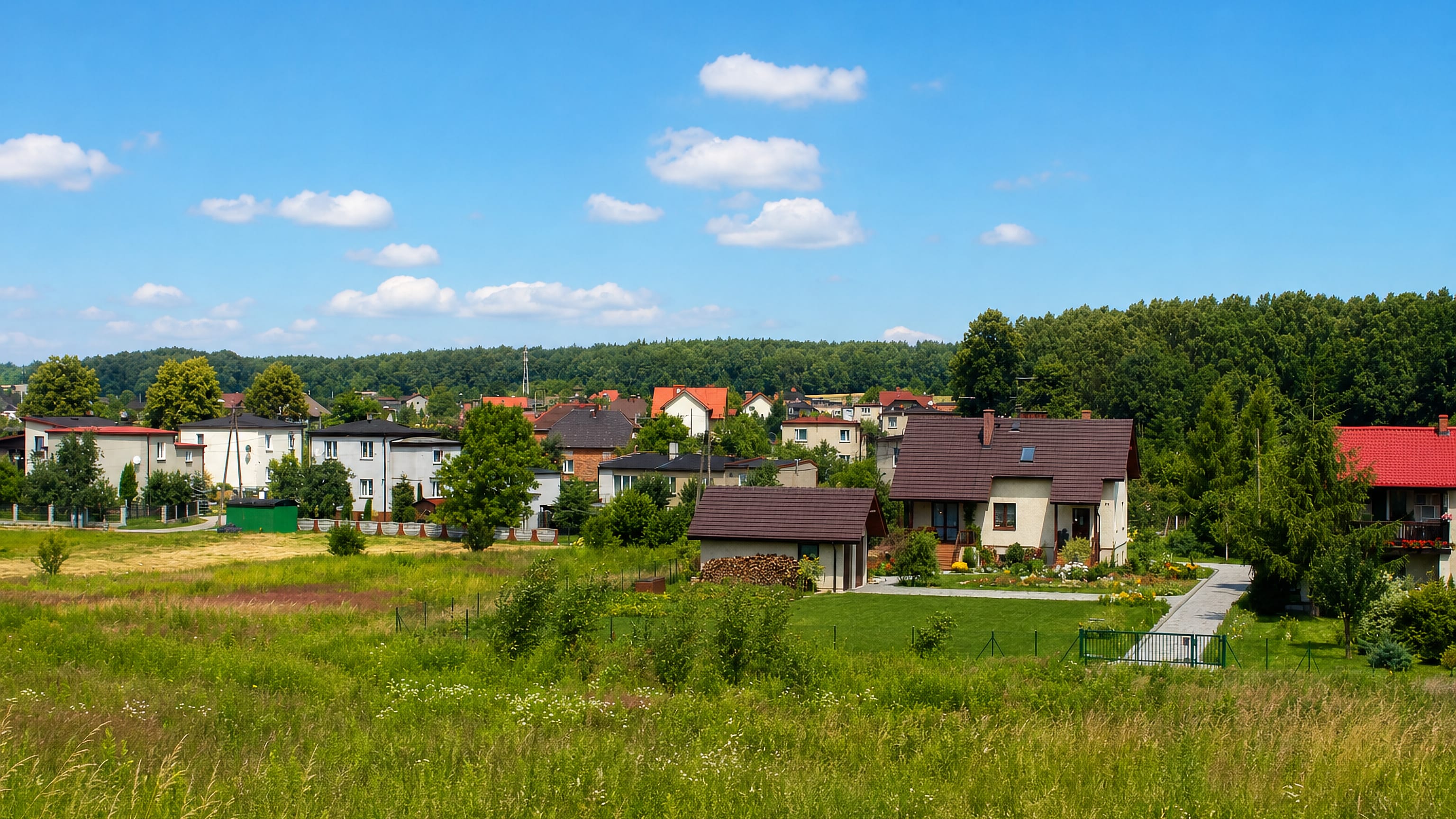 Meadow at the edge of Zebrzydowice in Rybnik, with detached houses and red roofs backed by forest.