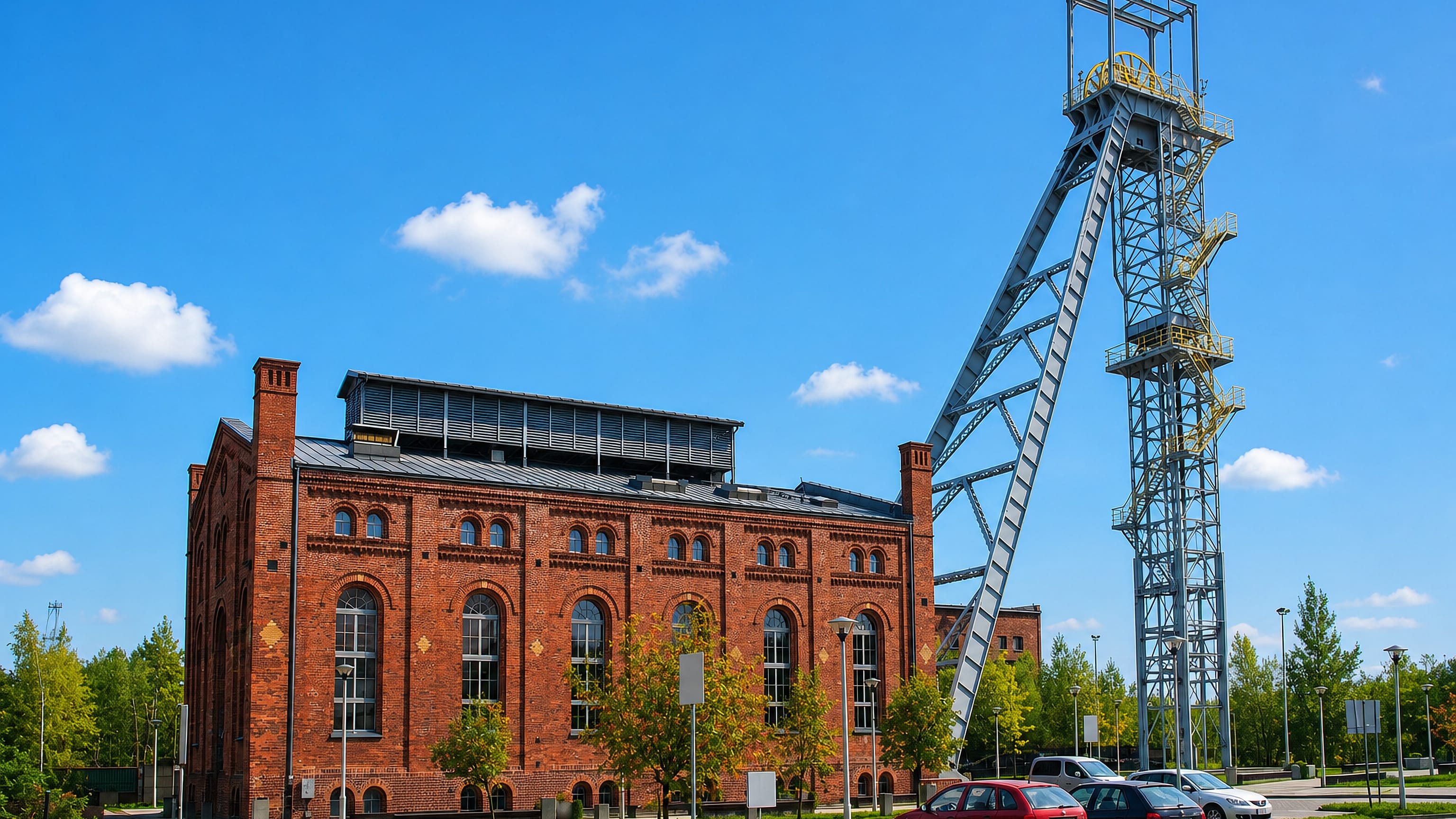 Red-brick colliery hall and steel headframe of a historic coal mine in Siemianowice Śląskie, Poland.