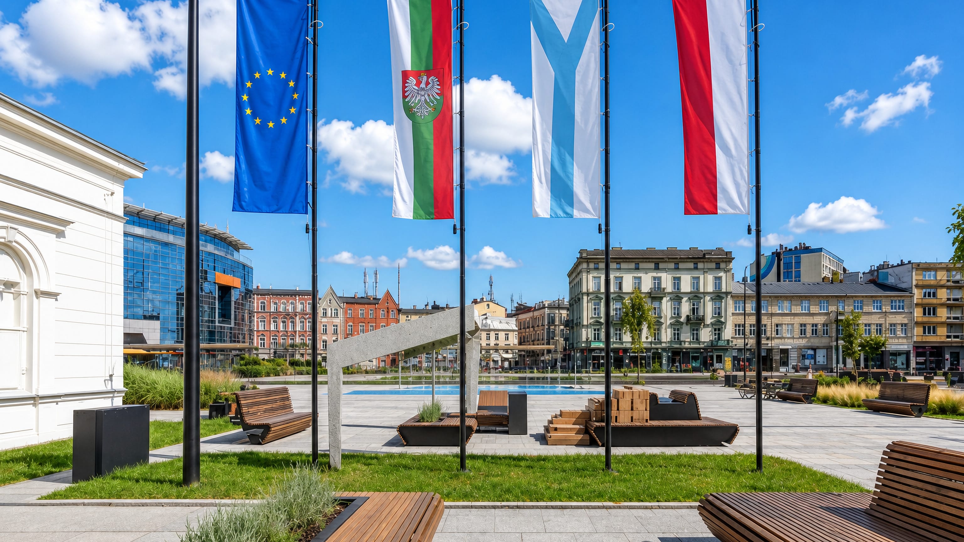 Renovated city square in Sosnowiec, Poland, with flagpoles, benches and a fountain before old tenements.