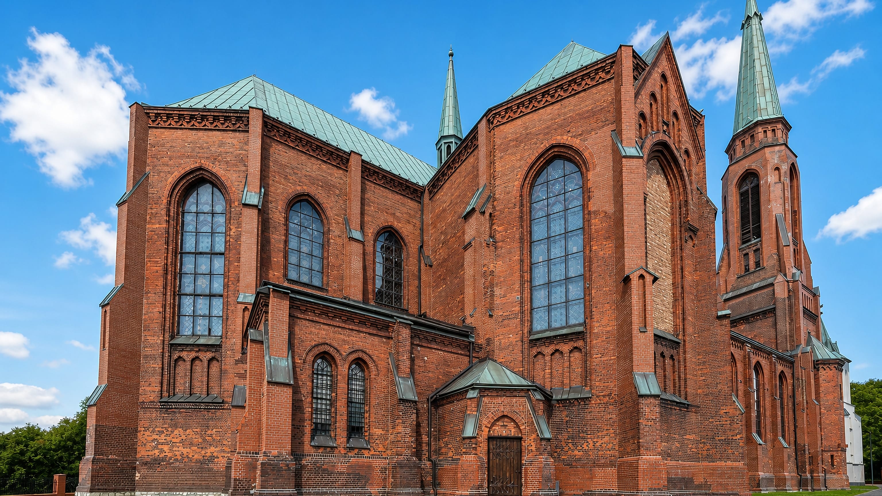 Red-brick neo-Gothic church with copper spires in Zagorze, Sosnowiec