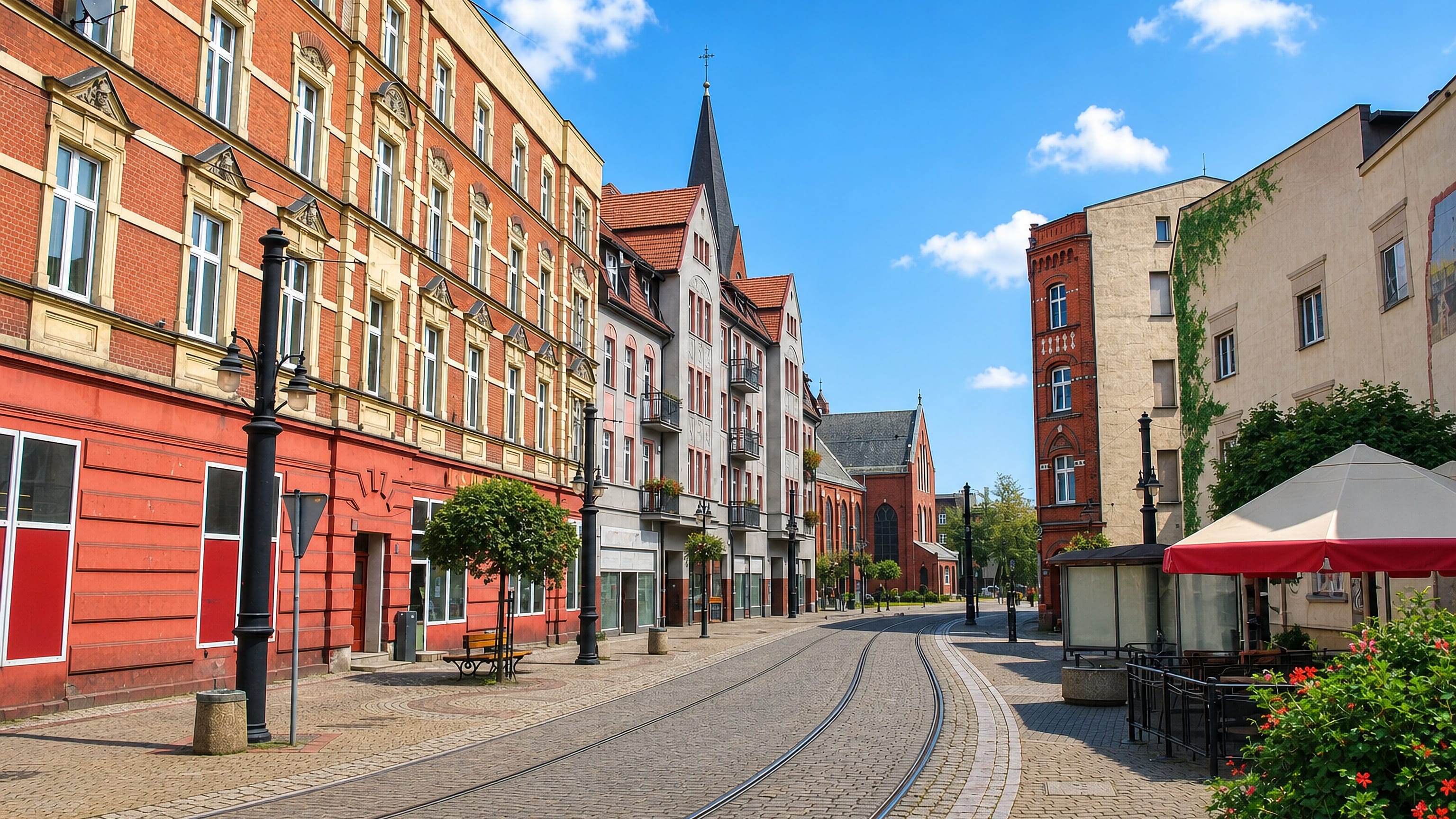 Red-brick tenements and tram tracks along a cobbled street in Swietochlowice, Upper Silesia