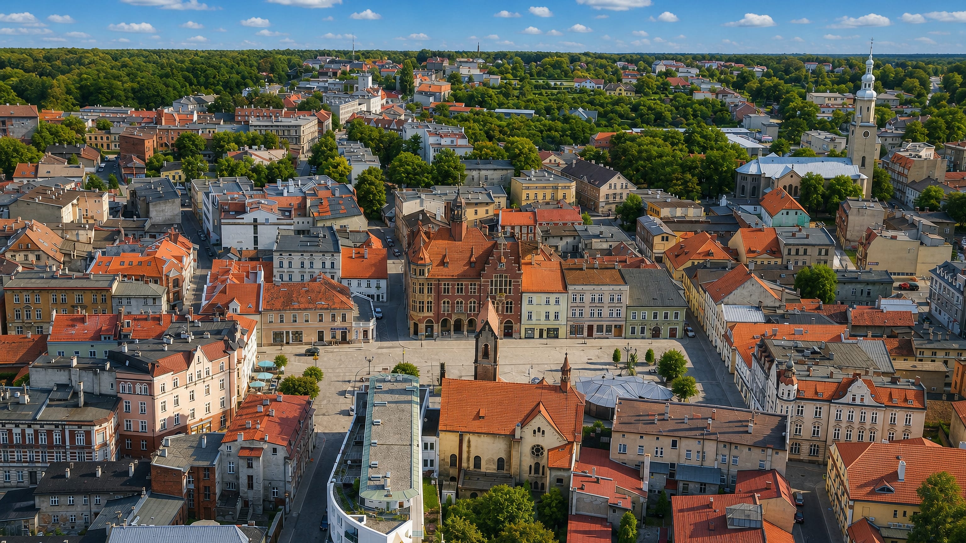 Red-tiled roofs around the market square and brick town hall of Tarnowskie Gory, Poland, seen from above.