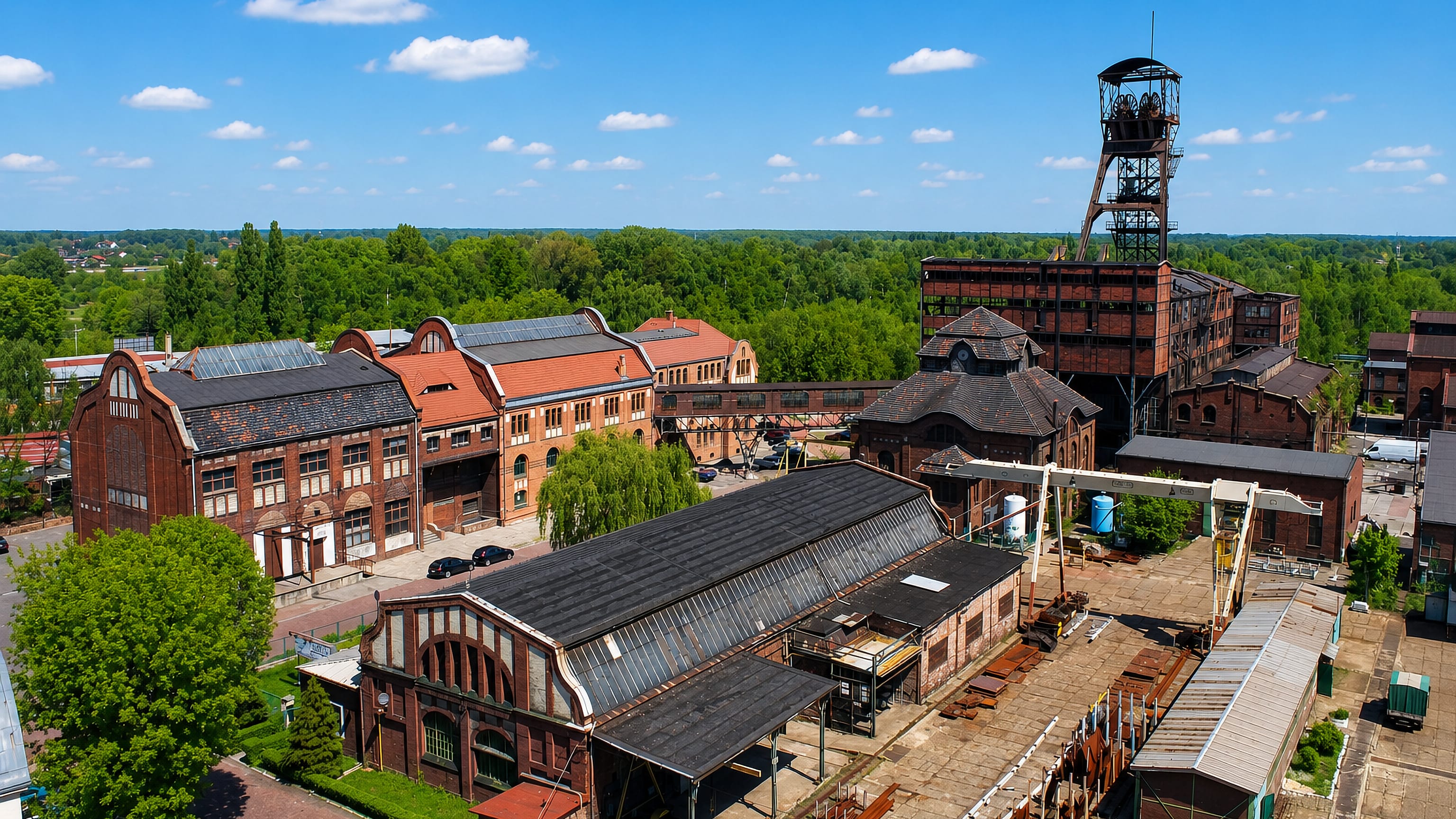 Aerial view of Zabrze's historic Guido coal mine, its steel headframe rising over red-brick pithead halls.