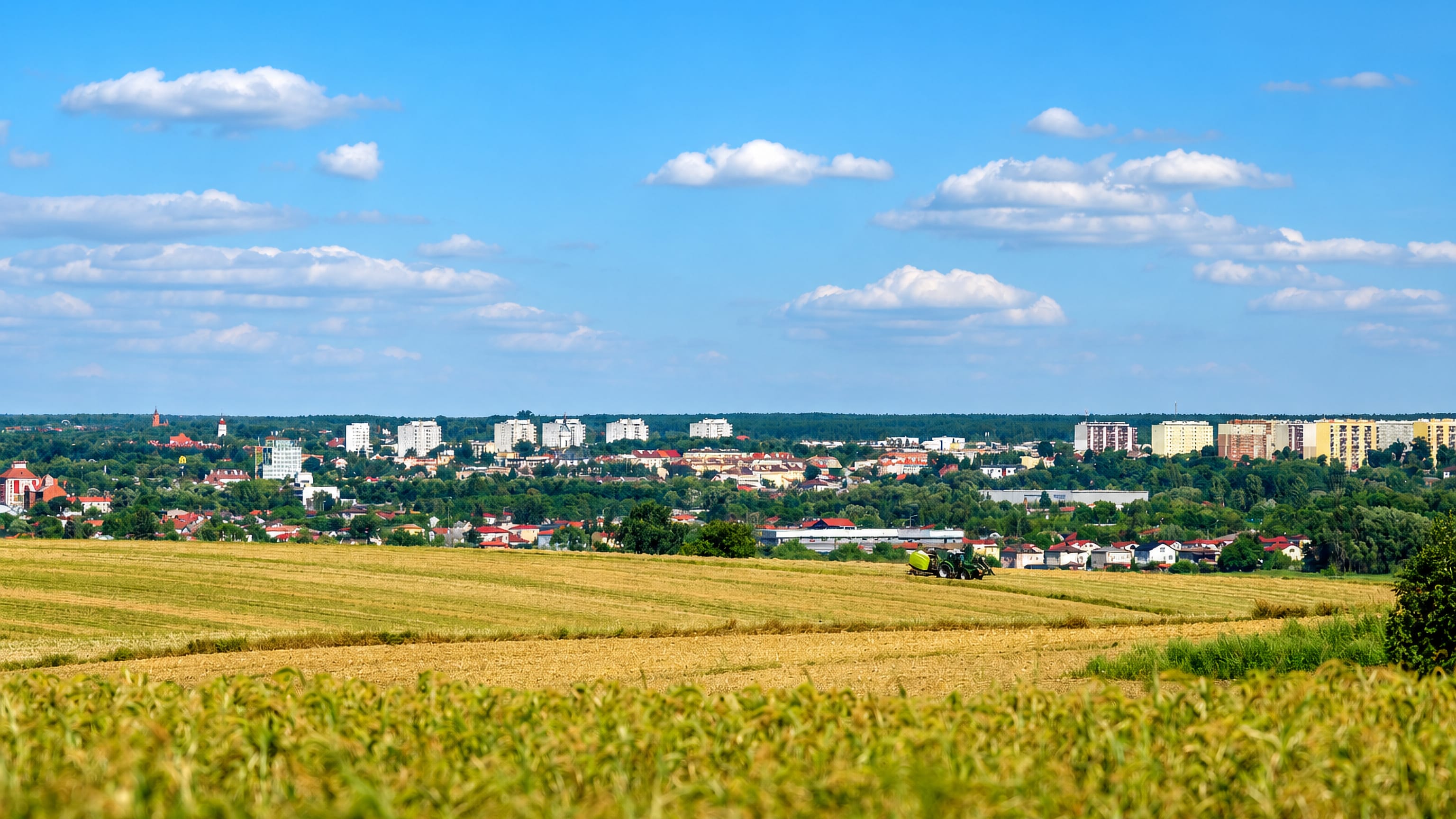 Ostrowiec Swietokrzyski's apartment blocks and church towers seen across harvested summer fields.