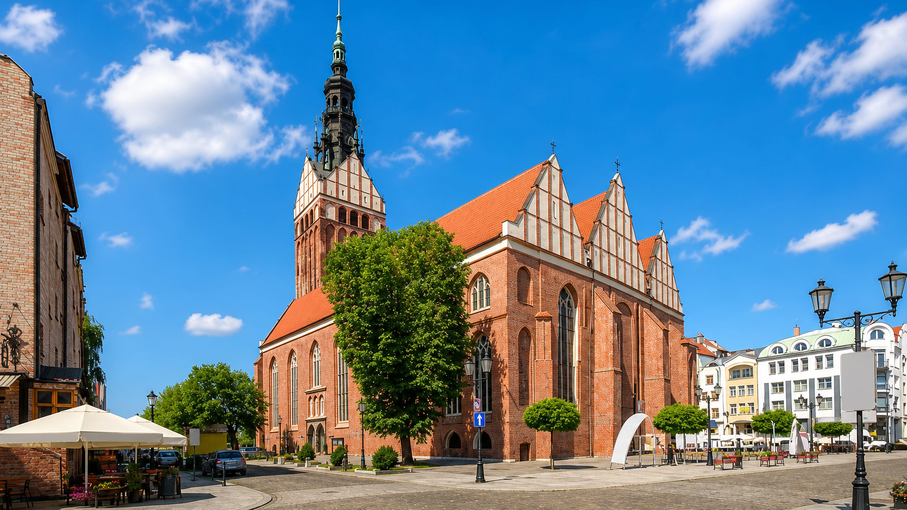 St Nicholas Cathedral's brick Gothic gables and tower above Elbląg's cobbled old town market square.