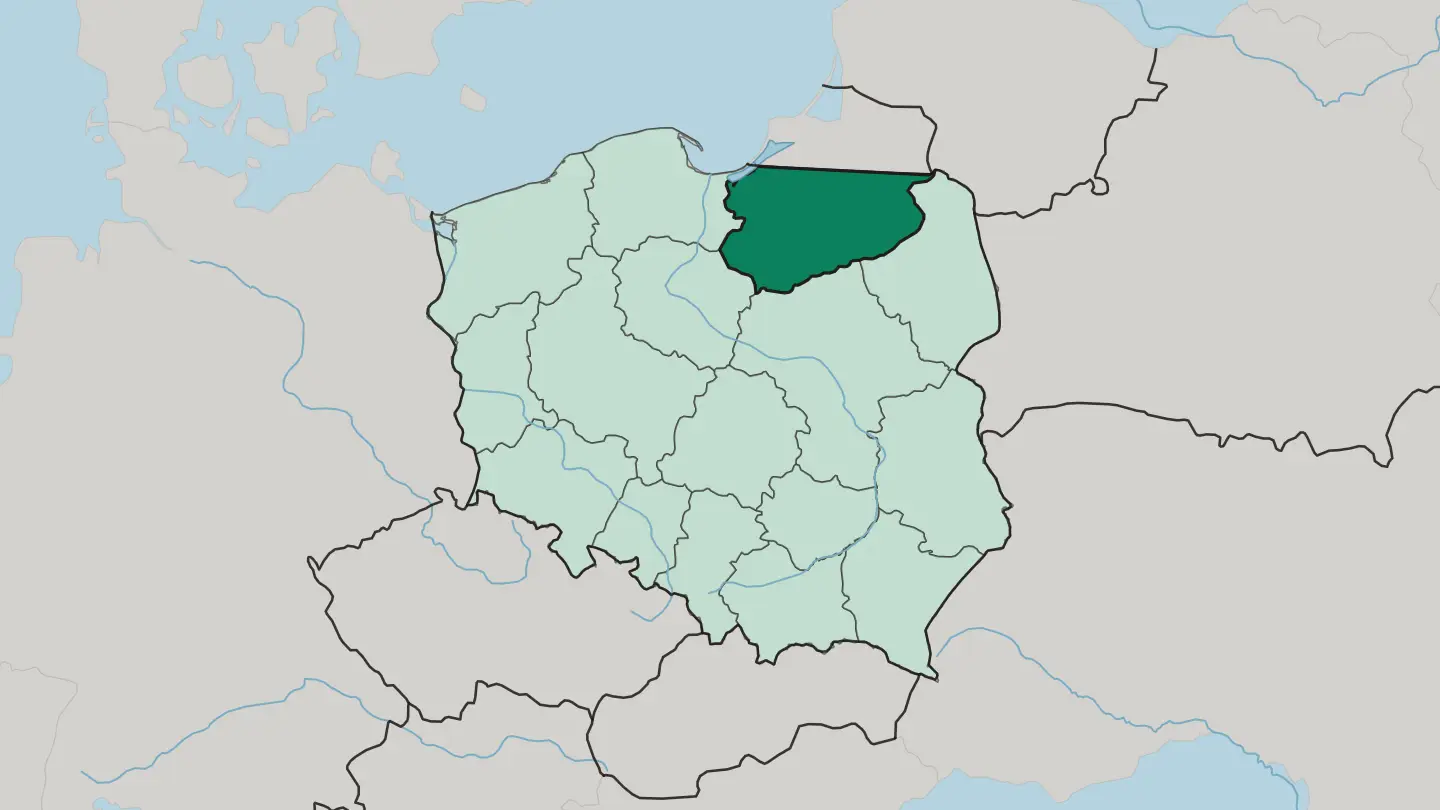 Map of Warmian-Masurian Voivodeship in Poland