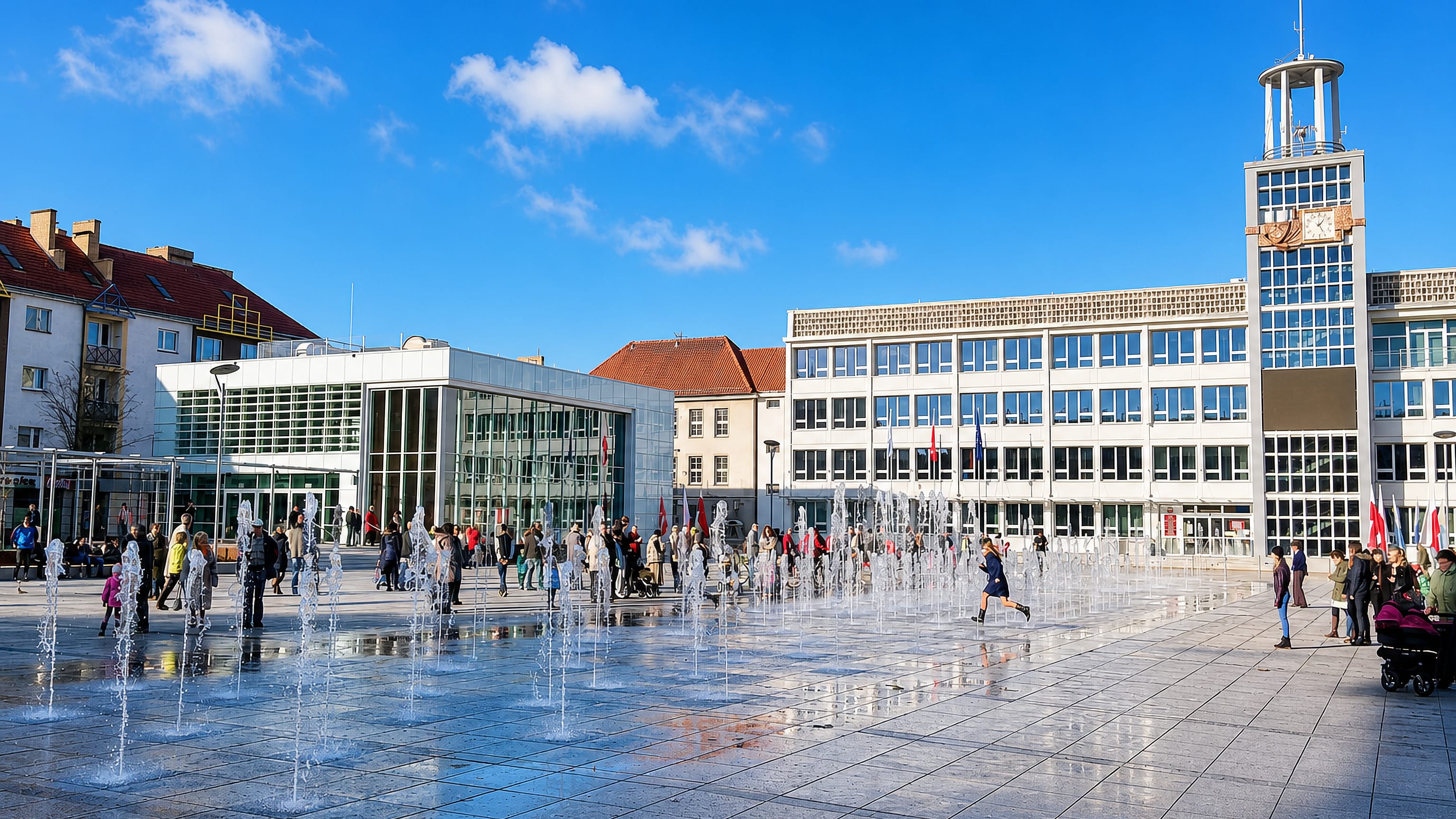 Koszalin's Old Town Market Square with its modernist town hall clock tower and ground fountains in sunshine.