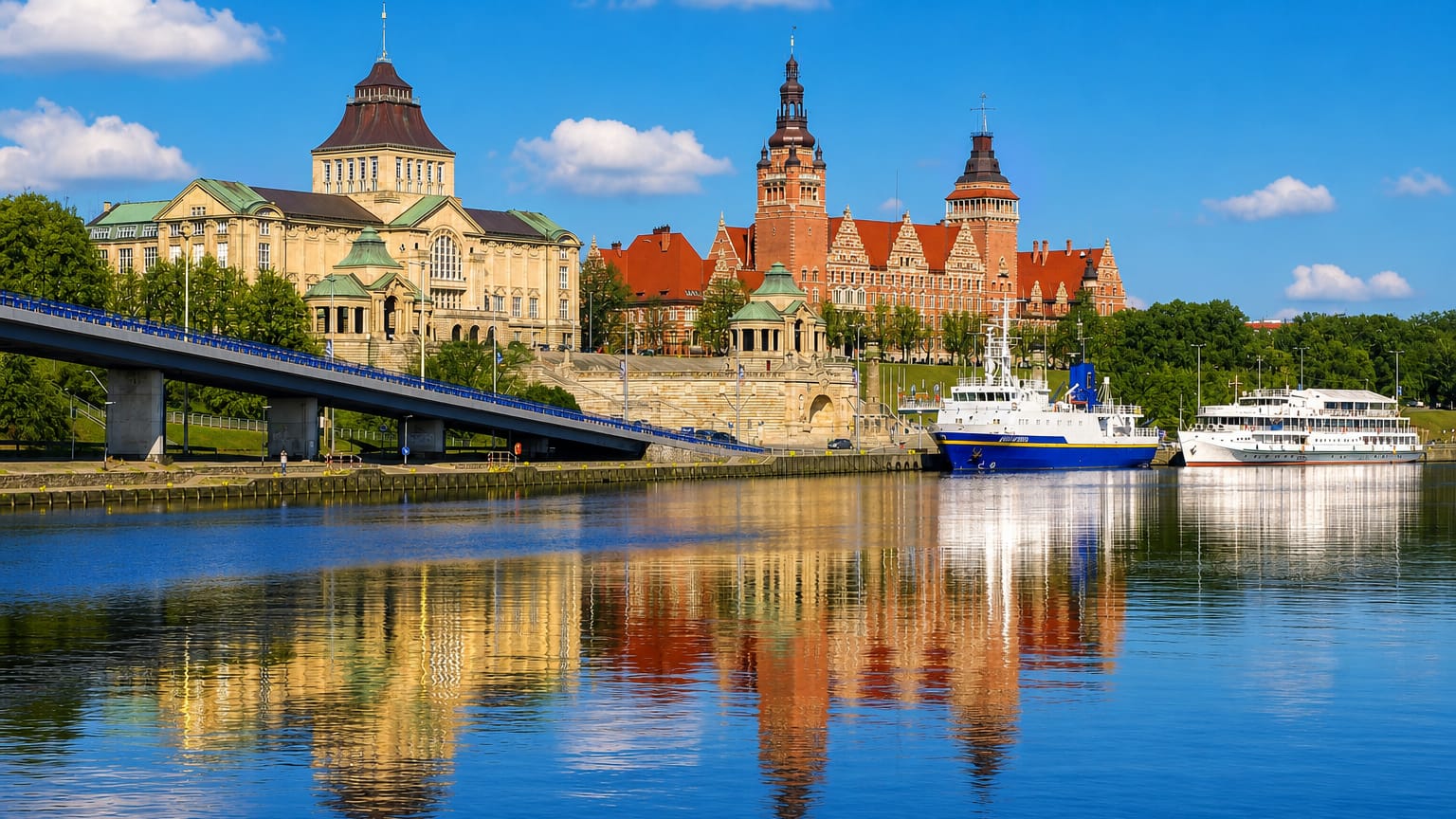 Szczecin's Chrobry Embankment and tower reflected in the Oder River, with boats moored below.