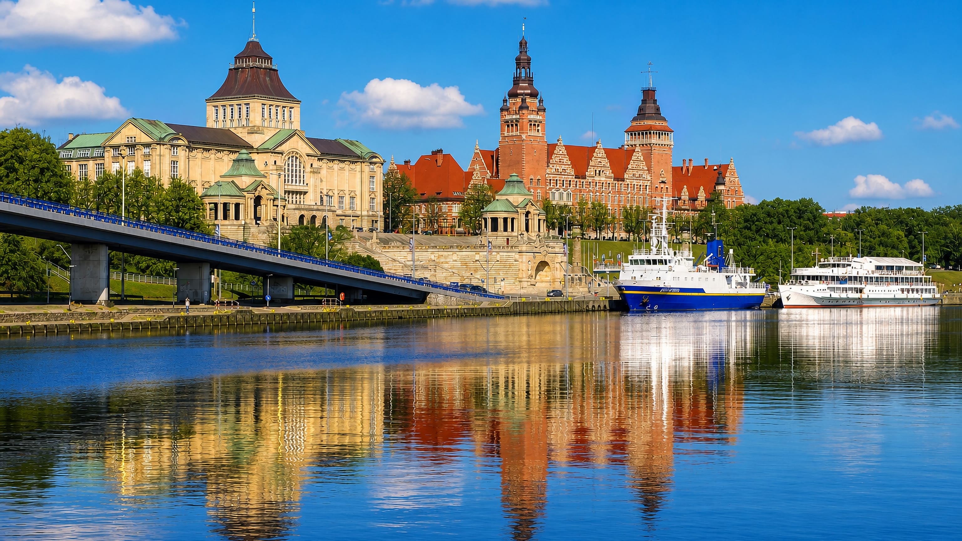 Szczecin's Chrobry Embankment and tower reflected in the Oder River, with boats moored below.