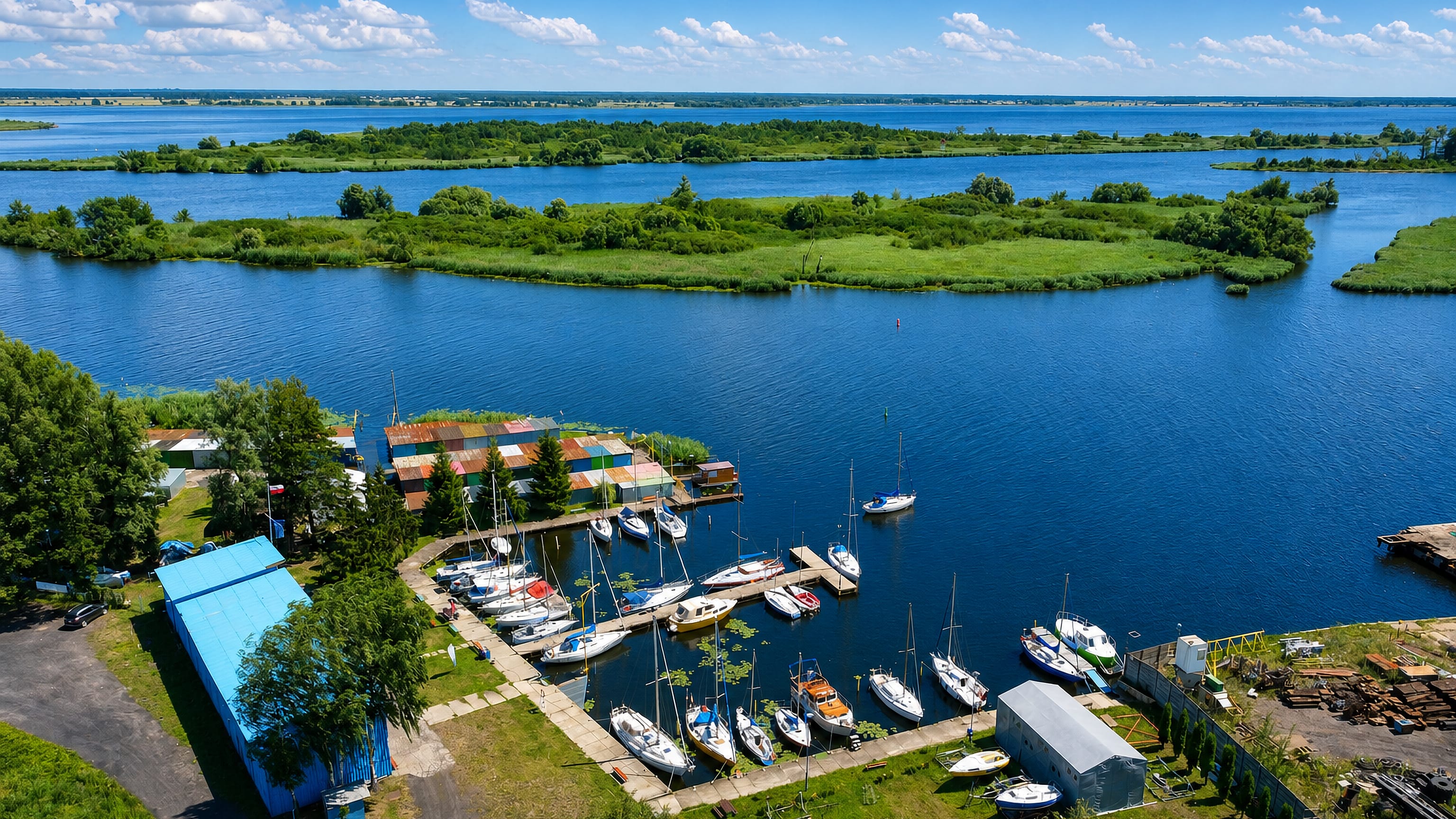 Marina and boatyard on the Oder waterways beside Skolwin, a riverside district on Szczecin's northern edge.