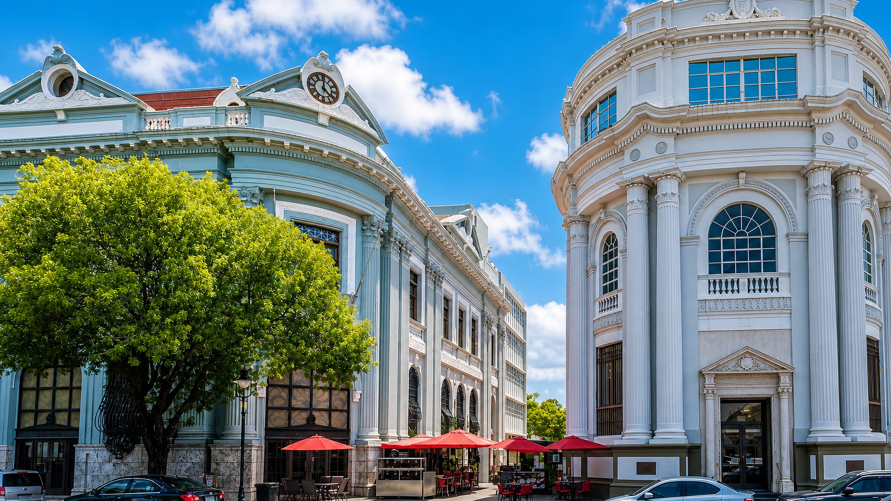 Neoclassical civic buildings and red cafe parasols on a downtown corner in Ponce, Puerto Rico.